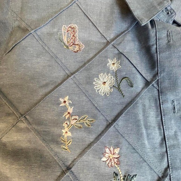 Stephanie K blue diamond pattern button-up embroidered flowers, butterflies XL