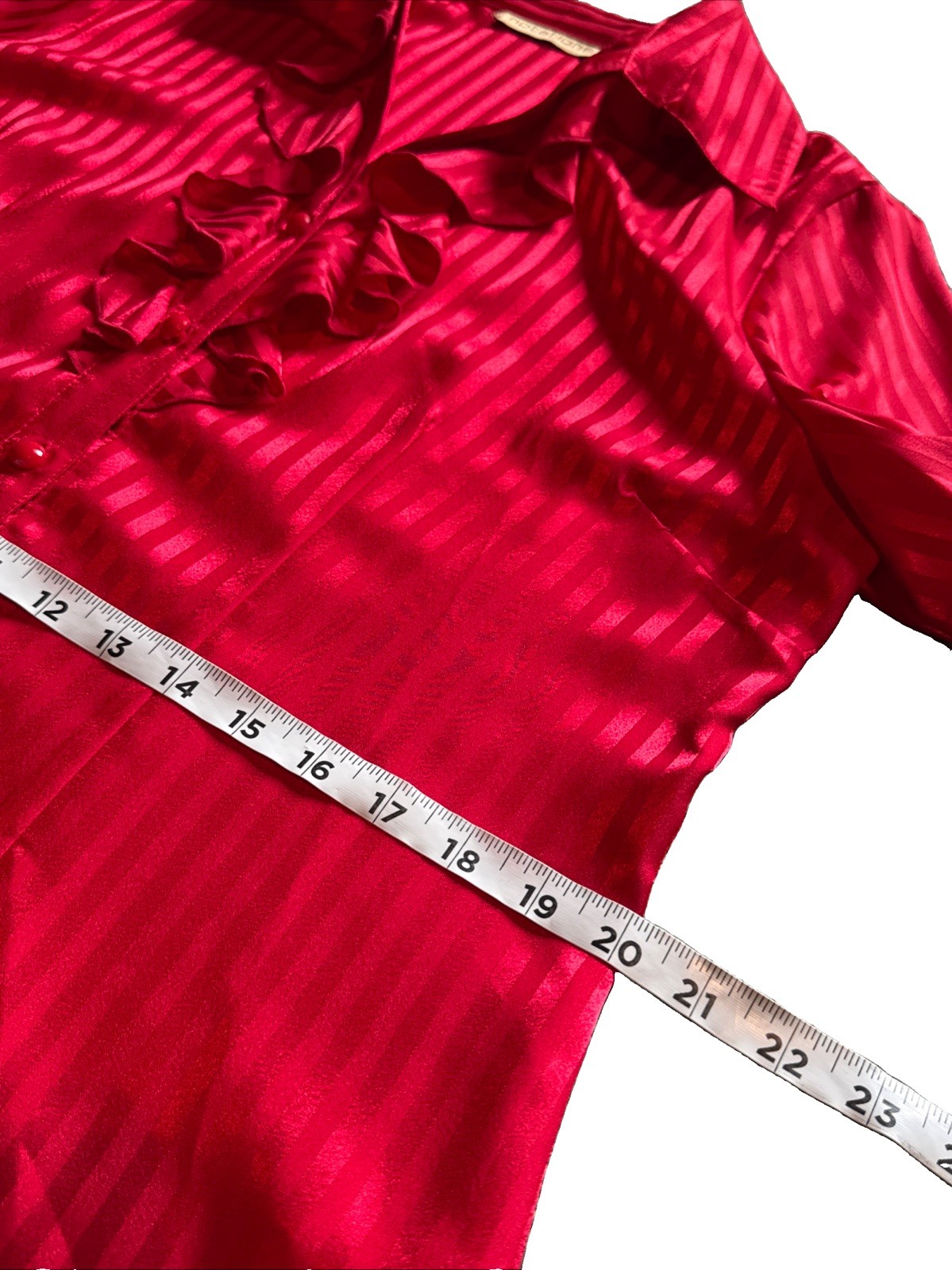 Notations VTG red ribbon stripe cascading ruffle secretary blouse Romantic Top L