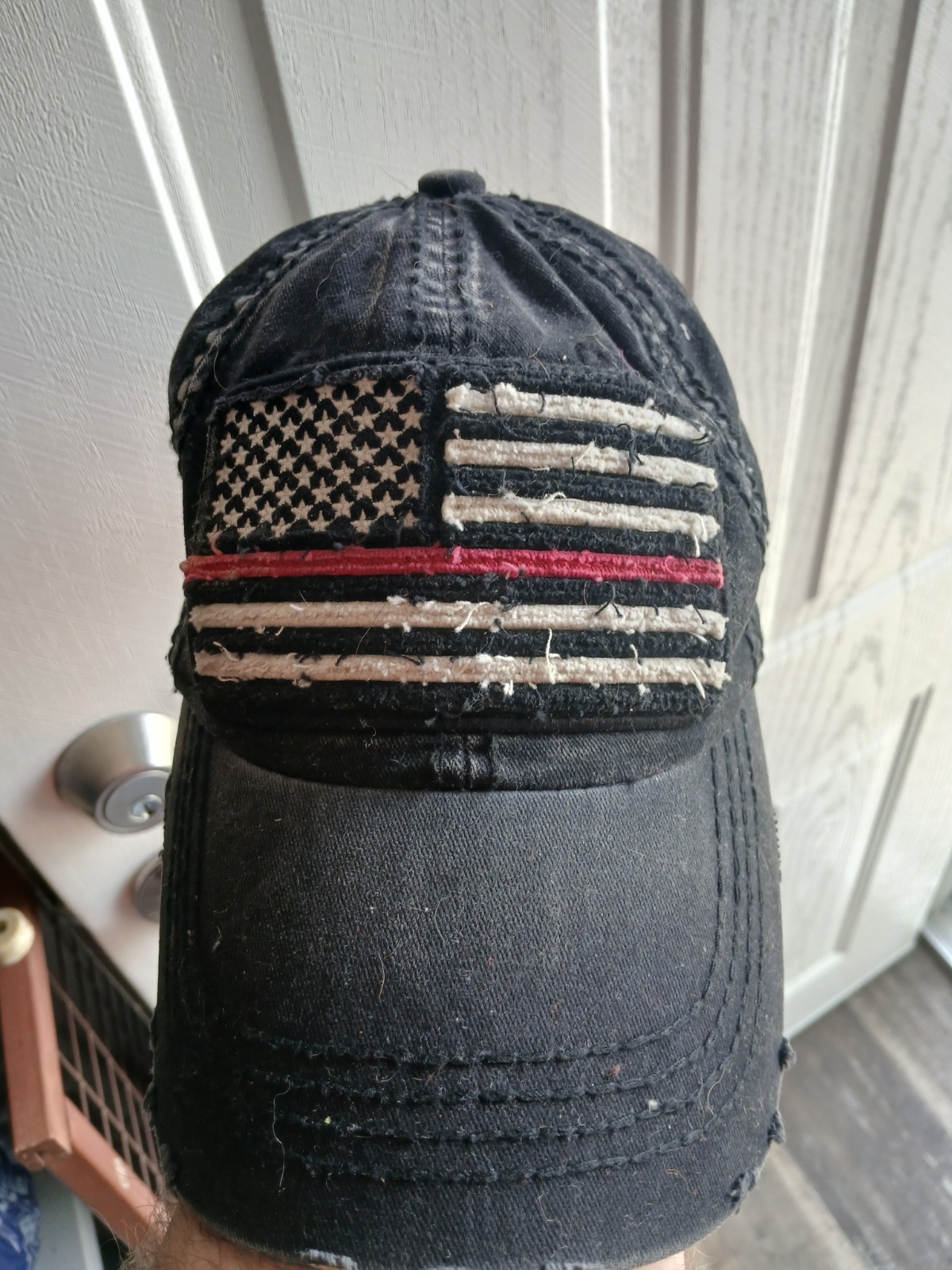 Distressed American Flag Black Hat With Thin Red Line – KBETHOS One Size 100% Co