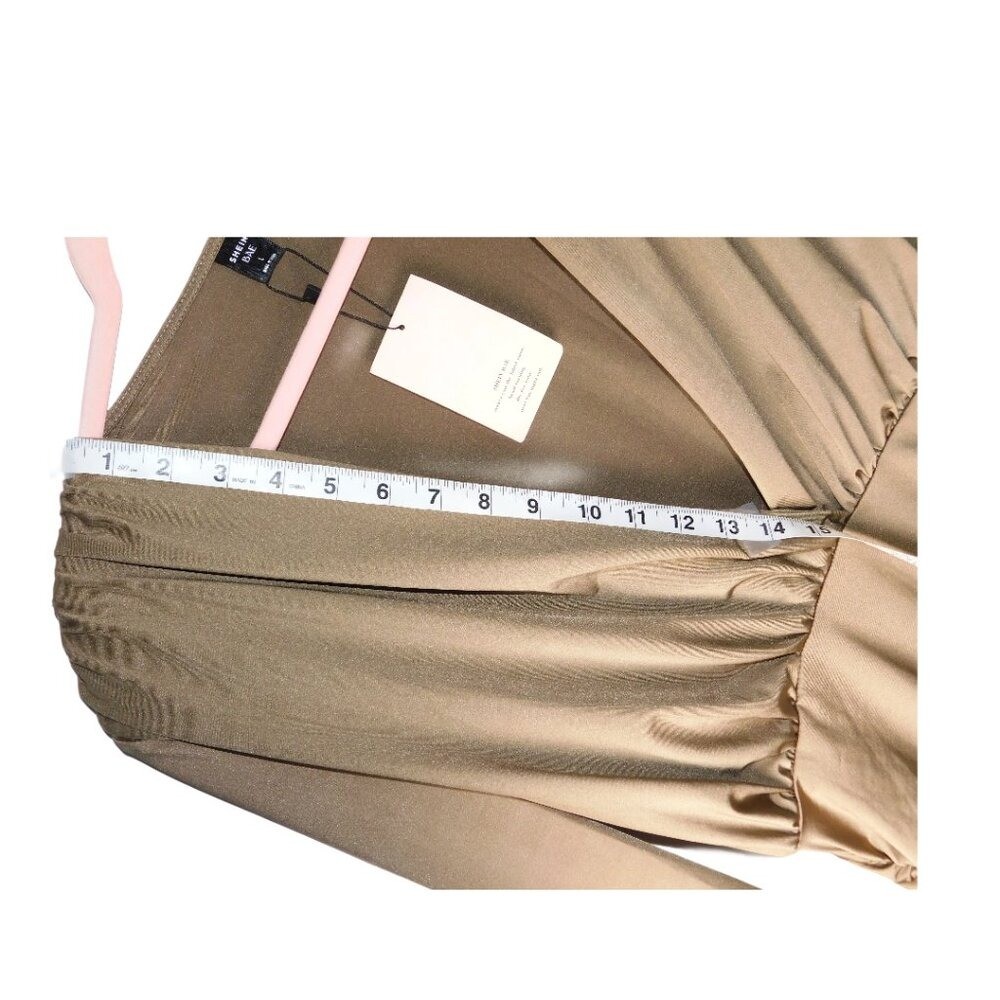 SHEIN BAE Long Sleeve Ruched Deep V Midi Dress – Size L – Tan/Khaki