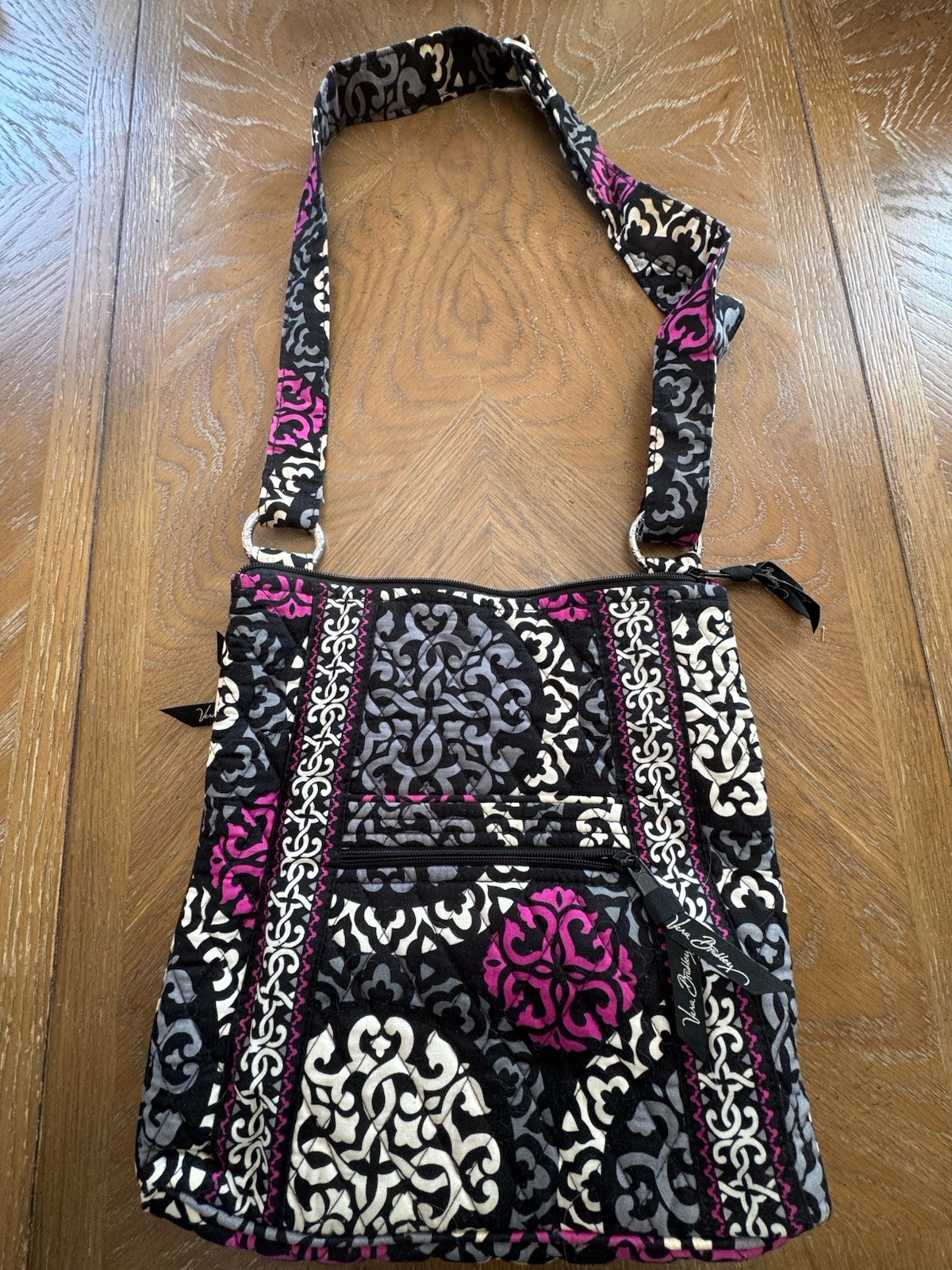 Vera Bradley Quilted Floral Shoulder Bag Black White Gray Pink Zip