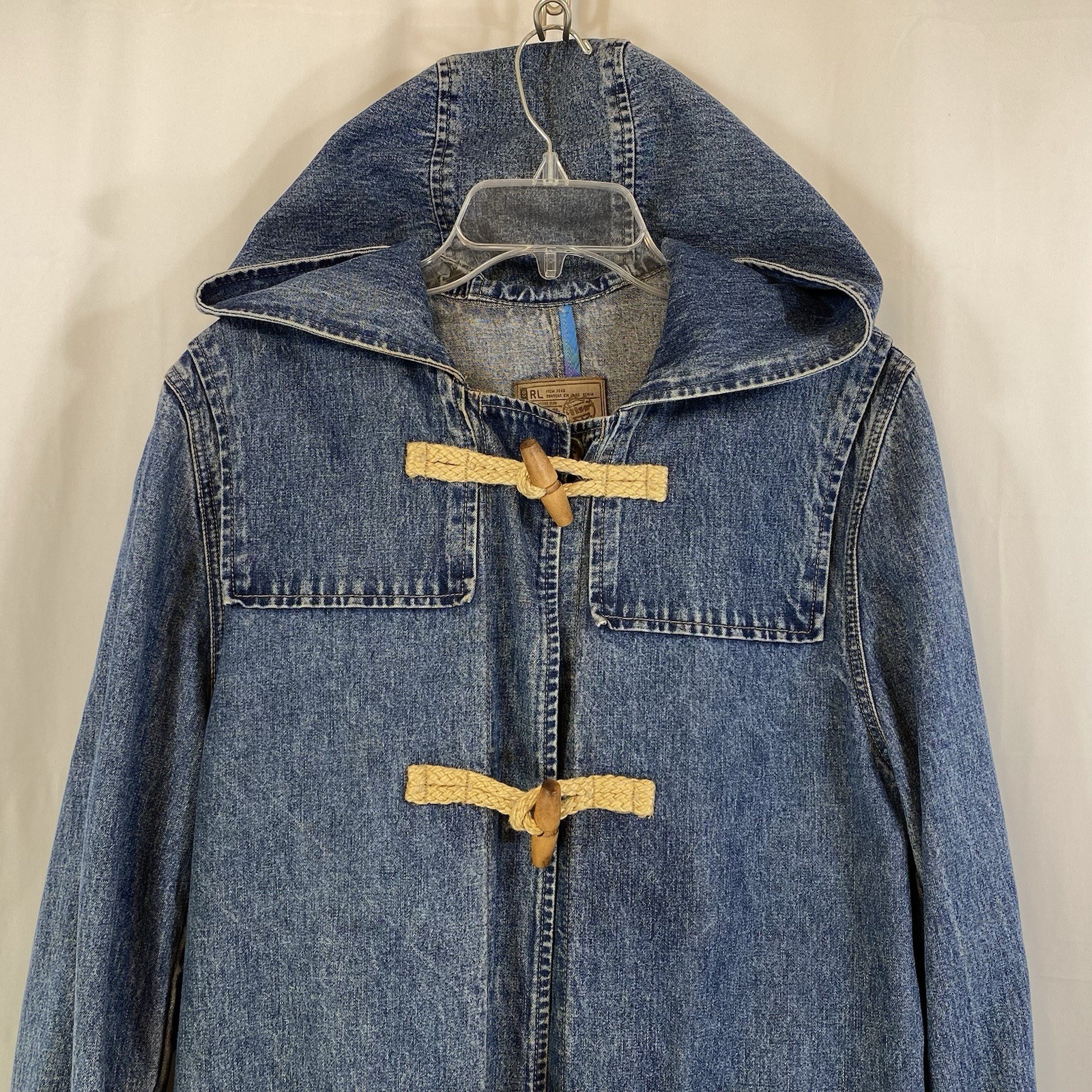 Vintage Ralph Lauren Denim Hooded Duster Jacket Chore Coat Toggle Womens M