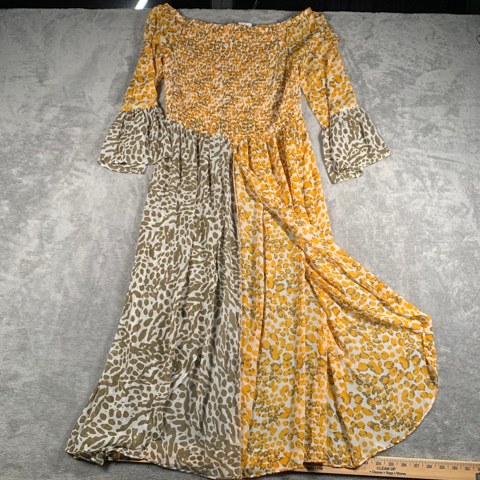 NWT Sheer Cover Up Pool Maxi Off Shoulder Bell Sleeve Animal Print Yellow Beige