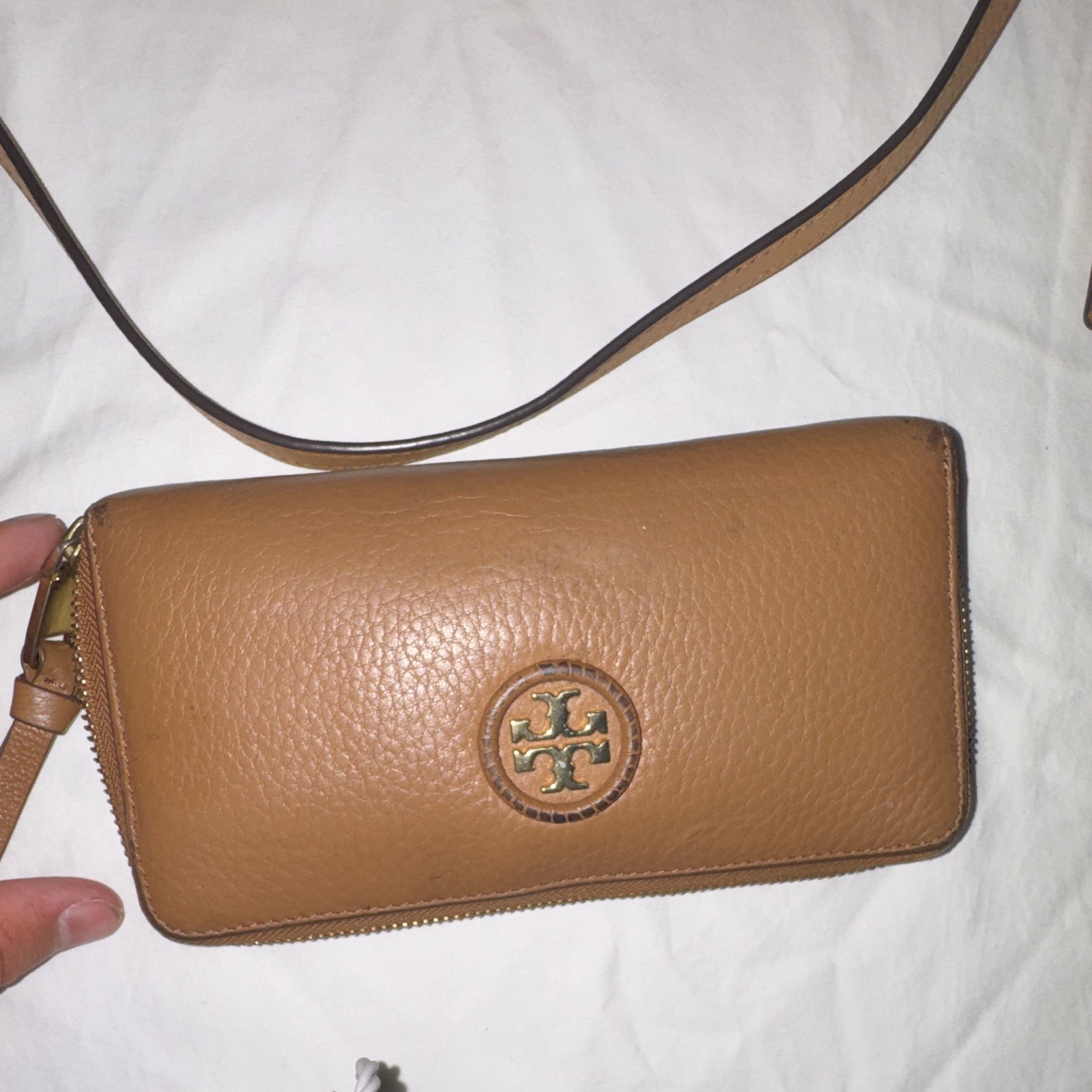 Tory Burch Brown Pebbled Zip Tote Detachable Strap Zip Wallet Gold Hardware