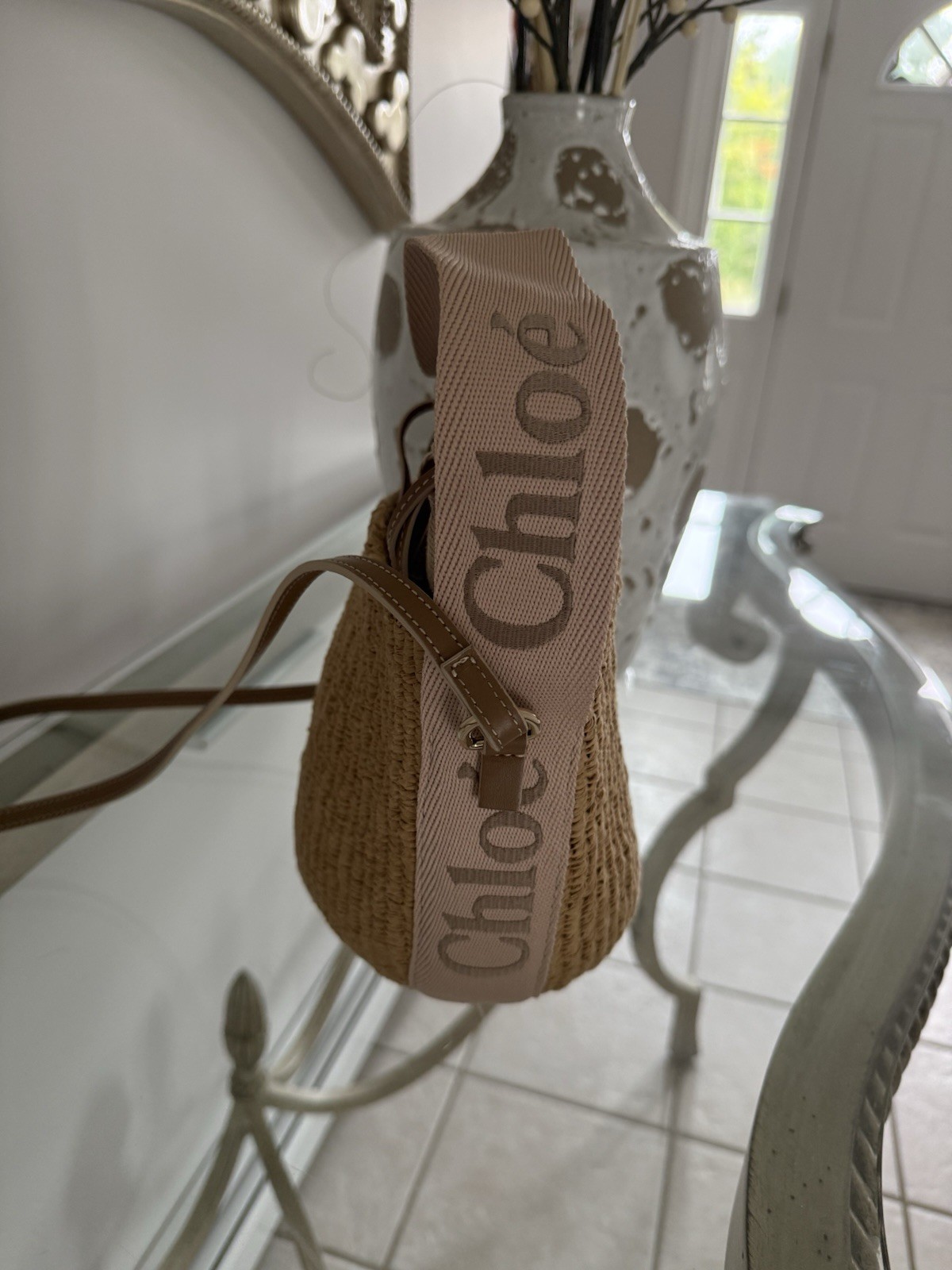 Chloé Woven Straw Small Bucket Drawstring Bag w/ Logo Strap & Pouch
