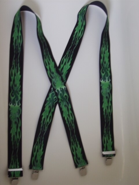Men’s Suspenders X: Green Flames, Clips, Belt Loop Snap Ons, USA Made