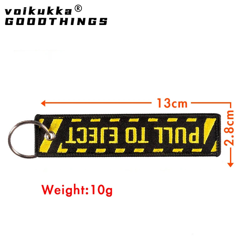 1 PC Only Both Sides Embroidery PULL TO EJECT Tags Rectangle Keychain Motorcycle