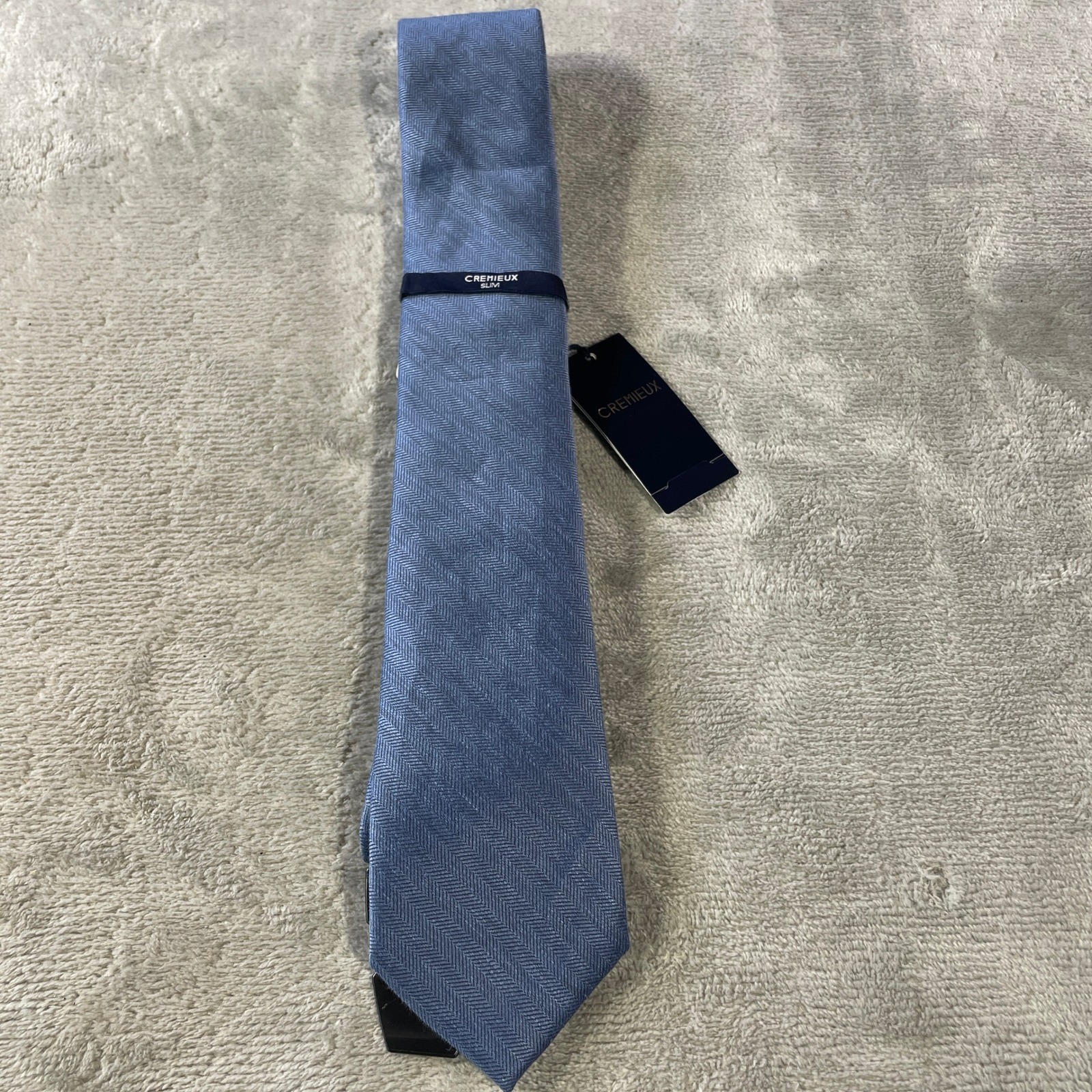 Cremieux Slim Tie Blue Herringbone Linen Silk Minimalist Office Career Italy