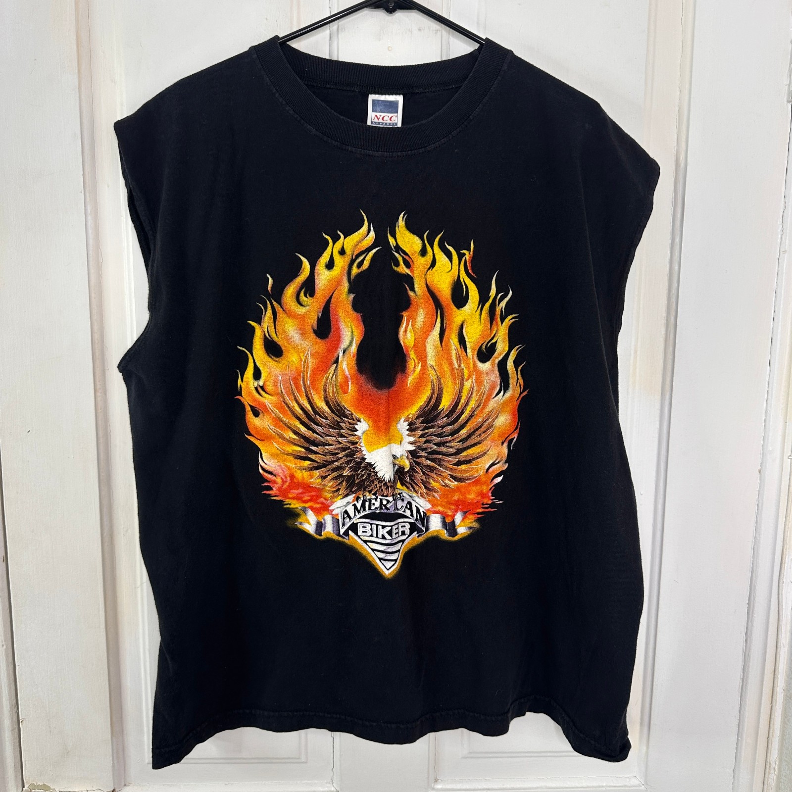 Vintage 90s American Biker Flaming Eagle Motorcycle T-Shirt Sleeveless Black XL