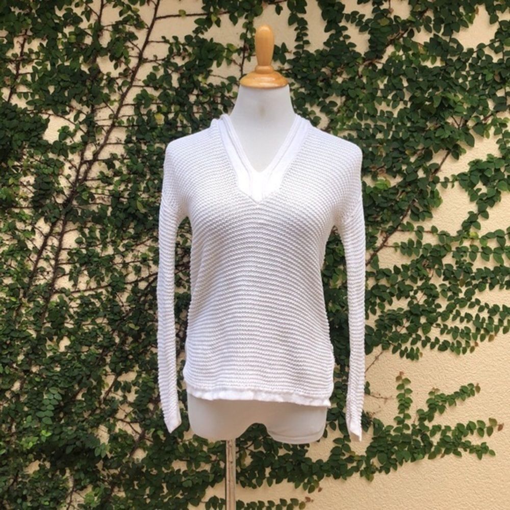 Ralph Lauren Black Label white moss stitch semi sheer long sleeve hooded sweater