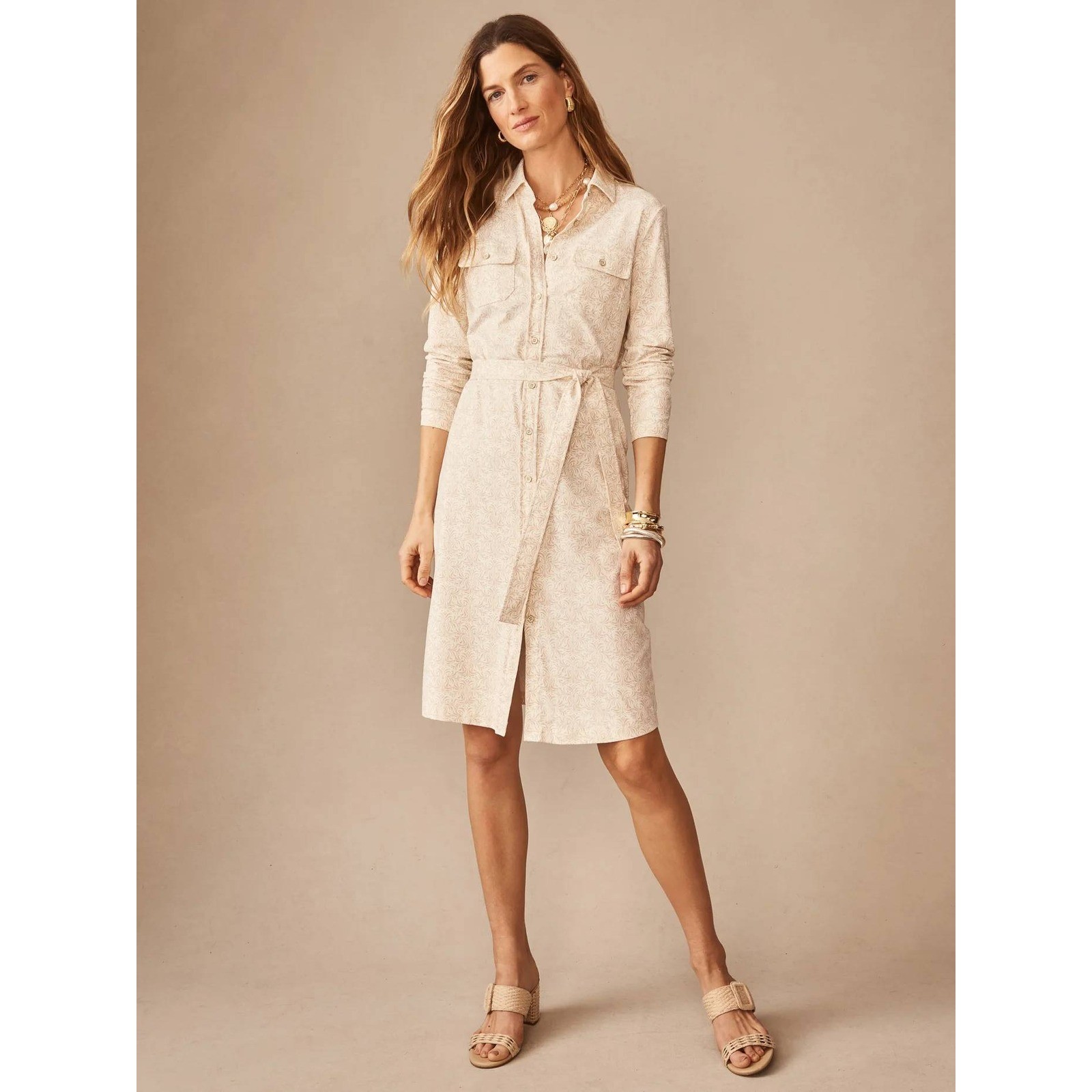 J.McLaughlin Haarlem Shirt Dress Off White Tan Scroll Print L NWT MSRP $258