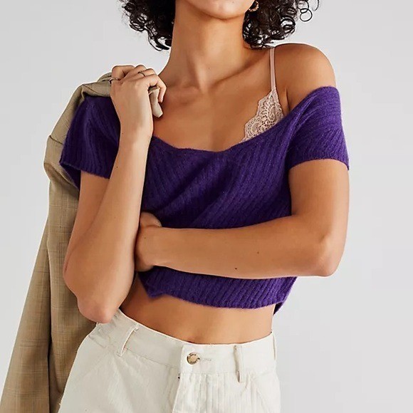 Free People NEW Cashmere Vneck Baby Tee XS Petunia Ribbed Knit Cropped