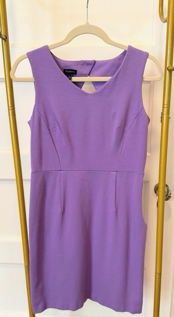 Talbots Solid Lavender Shift Dress V-Neck Back Keyhole Detail, Size 2R