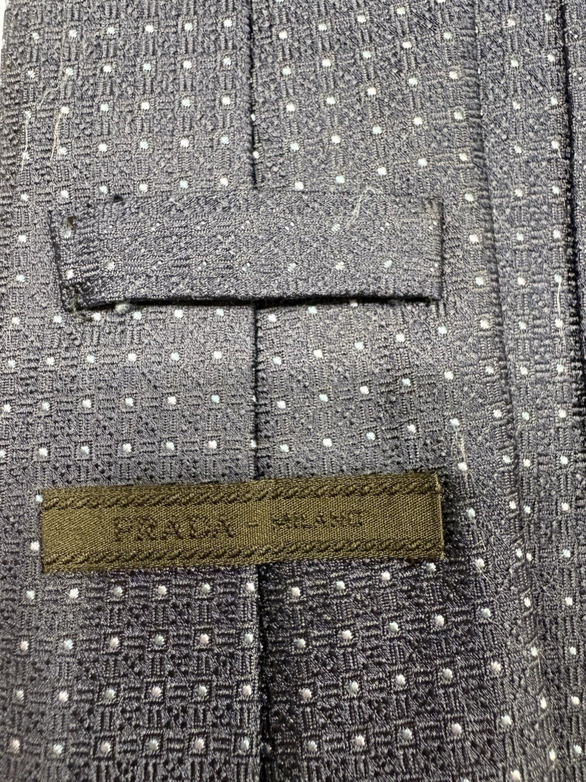 Prada Milano Men’s Tie Silk Jacquard Polka Dot Navy/White Pointed Logo