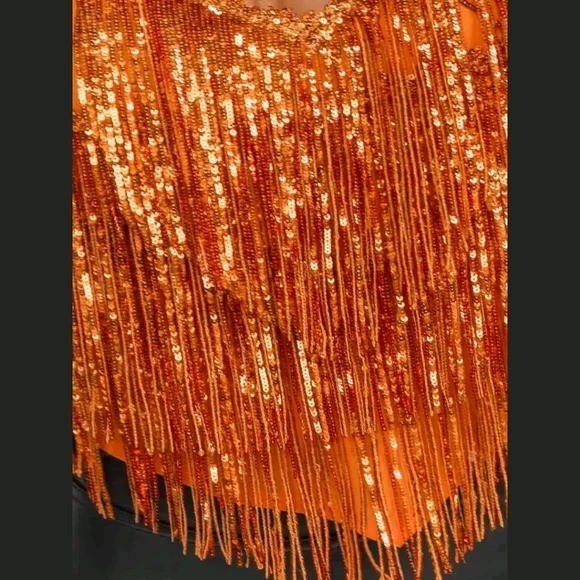 Orange Sequin Fringe Top Cropped Tassel Clubwear Glitter Rave Disco Cowgirl M