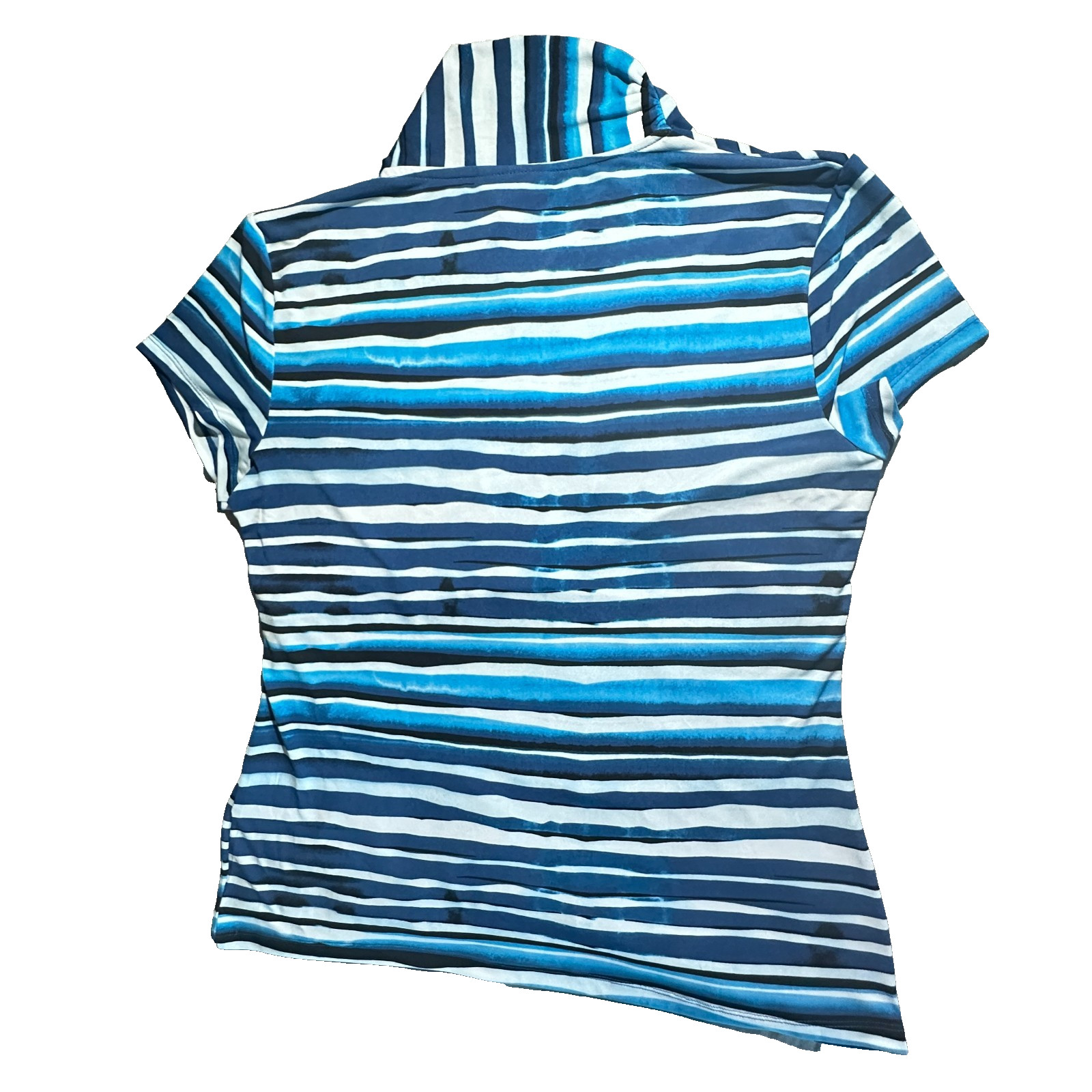 DKNY Blue Striped Jersey Blouse Women Size XL V-Neck Short Sleeve Stretch