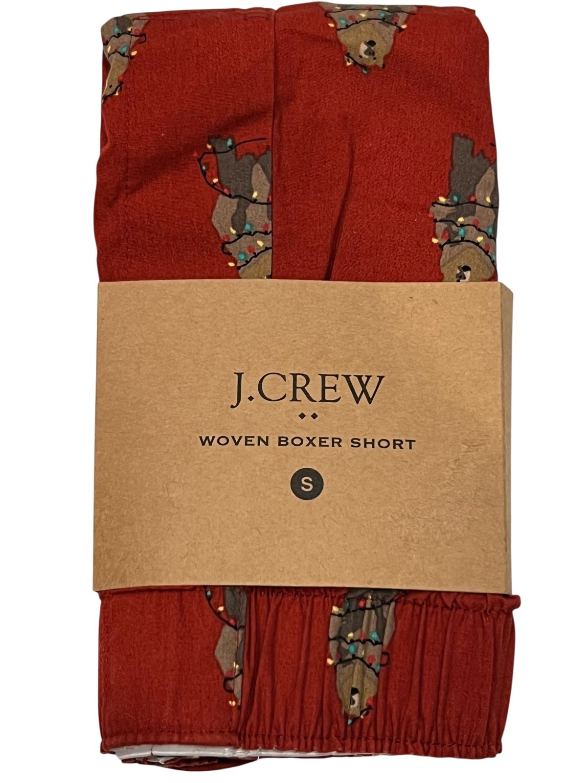 NWT J CREW Boxer Shorts Sz S-M Red Brown Bears Christmas Lights 100% Cotton #J3