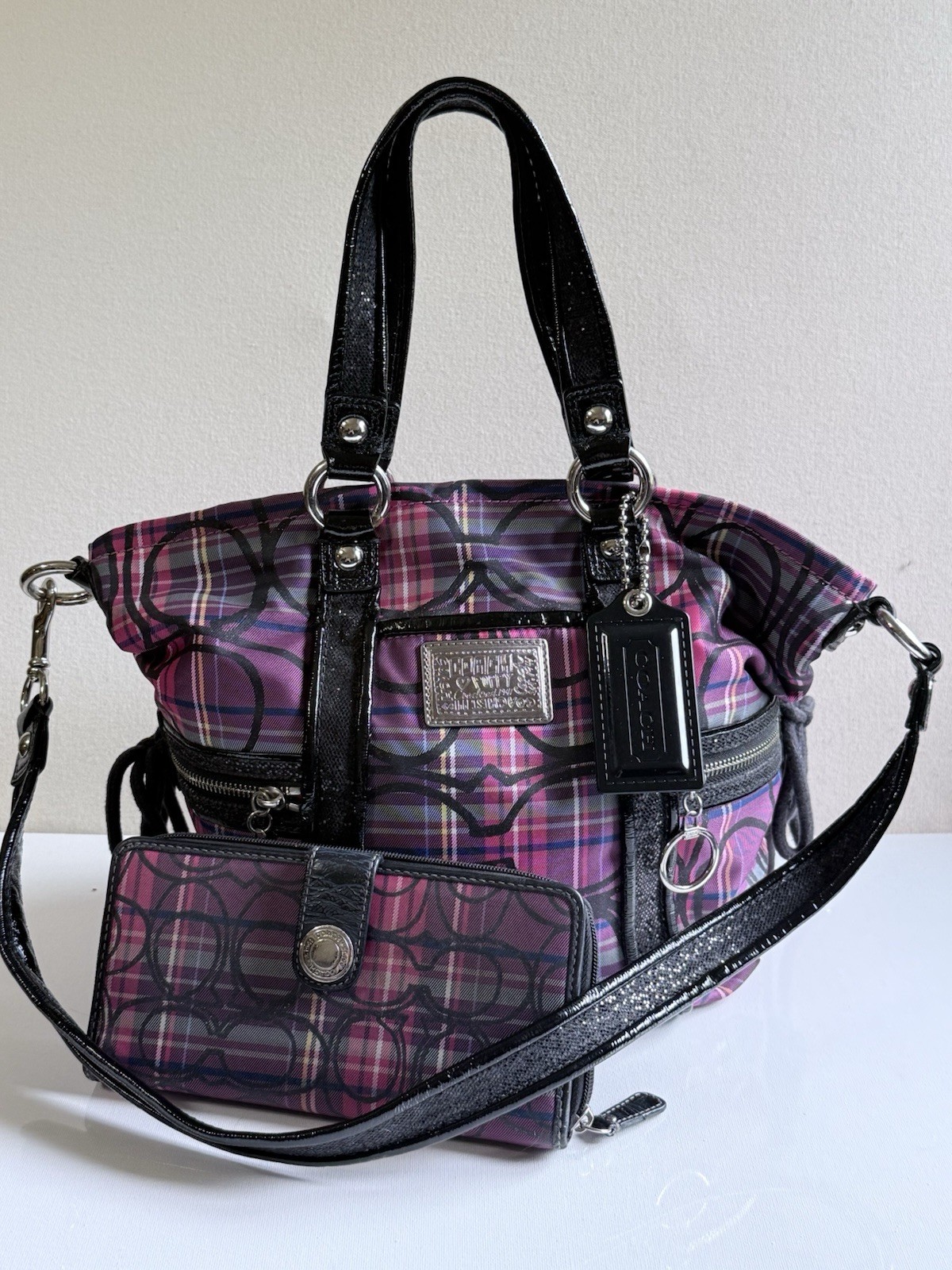 Coach Poppy Purple Plaid Shoulder Bag + Matching Wallet Set – Excellent Cond
