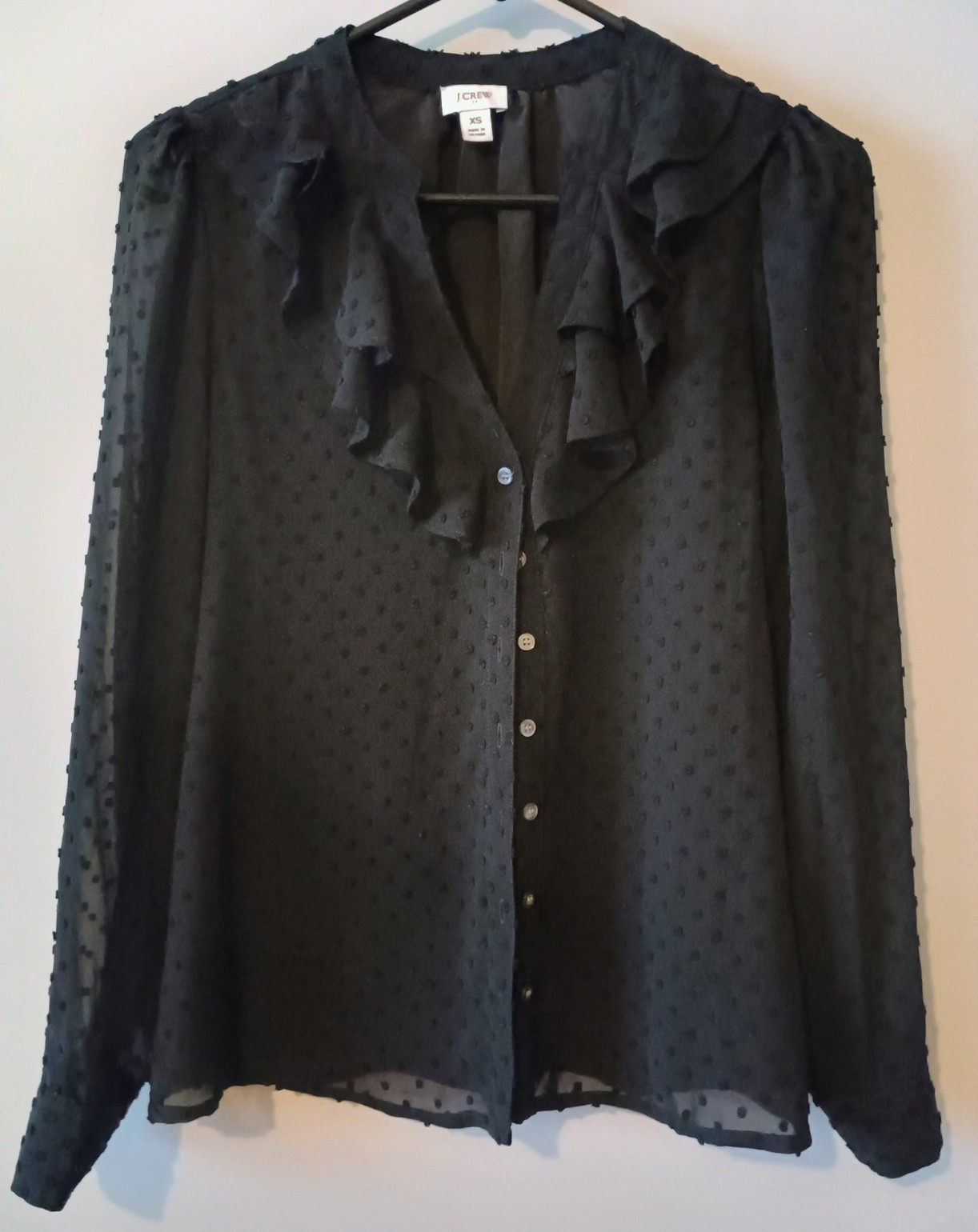 J.CREW Women’s XS Black Sheer Polka Dot V-Neck Ruffle Button Blouse