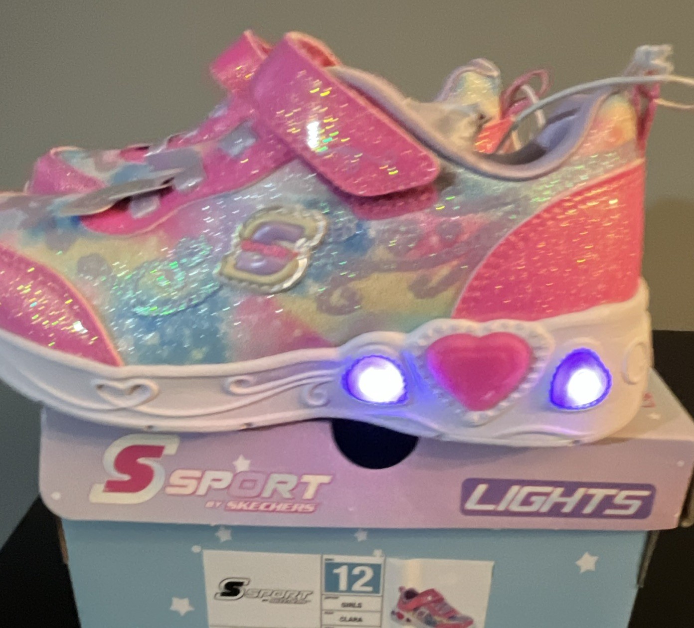 S Sport by Skechers Lights LED Light-Up Hook & Loop Pink/Blue Glitter Sz 12