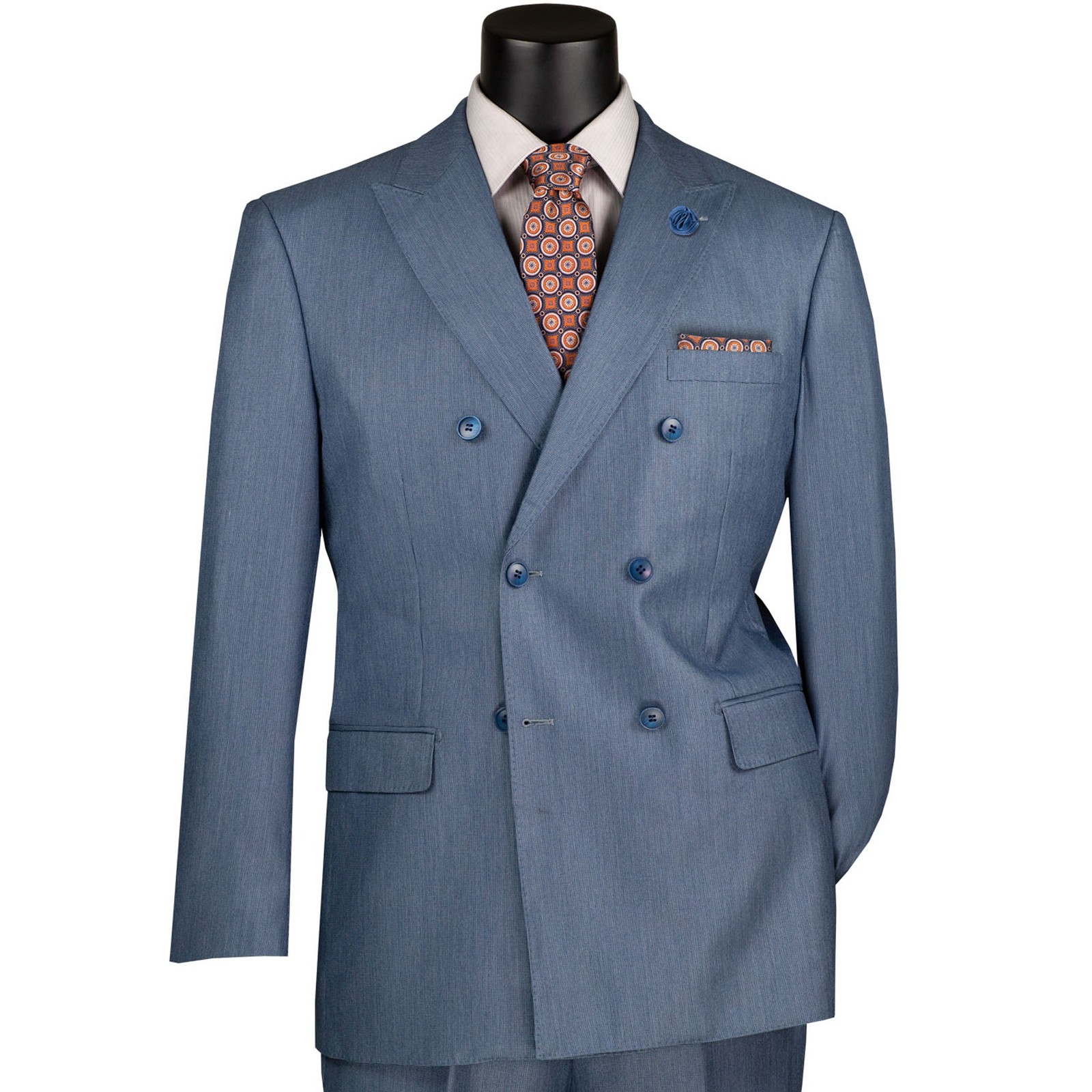 VINCI Men’s Smoke Blue Sharkskin Double-Breasted Suit w/ Flex Waist – NEW