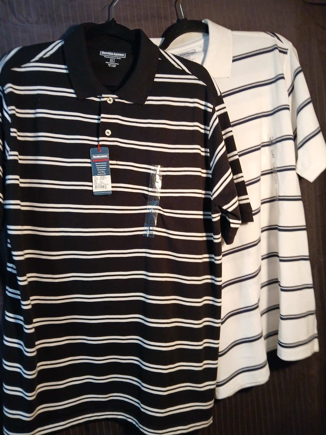 Two Mens PERFORMANCE POLO David & James B&W/W&B Striped Sz Lg