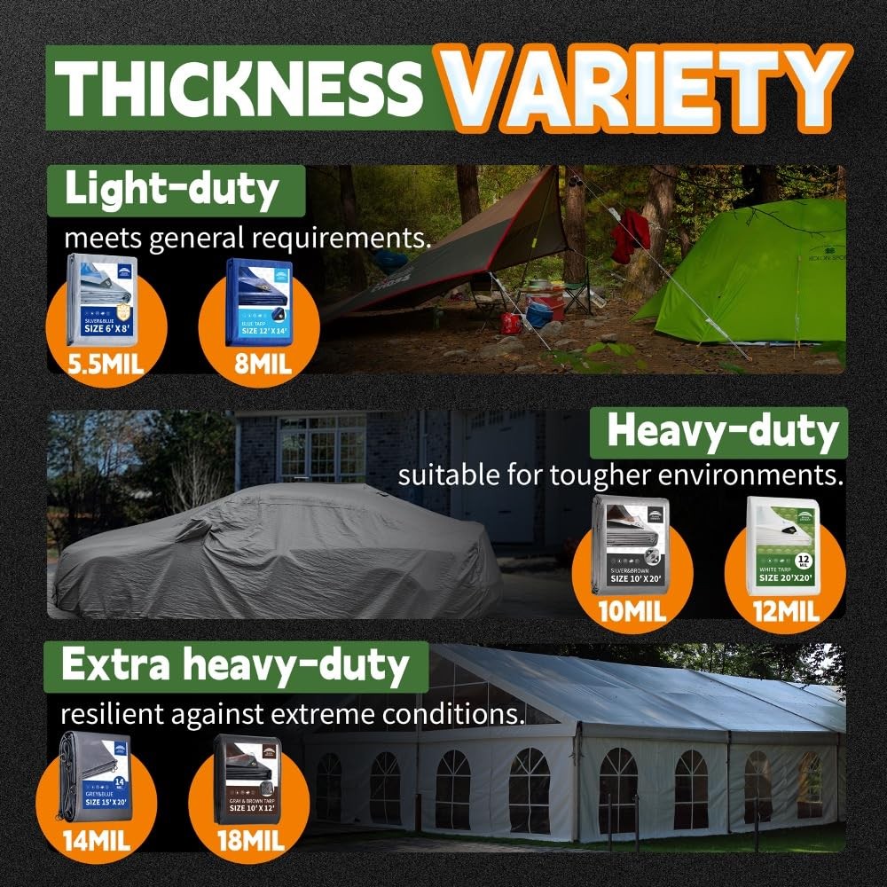 RAINDEWAY 8×12 ft Heavy Duty Waterproof Tarp – 14 Mil, UV Resistant