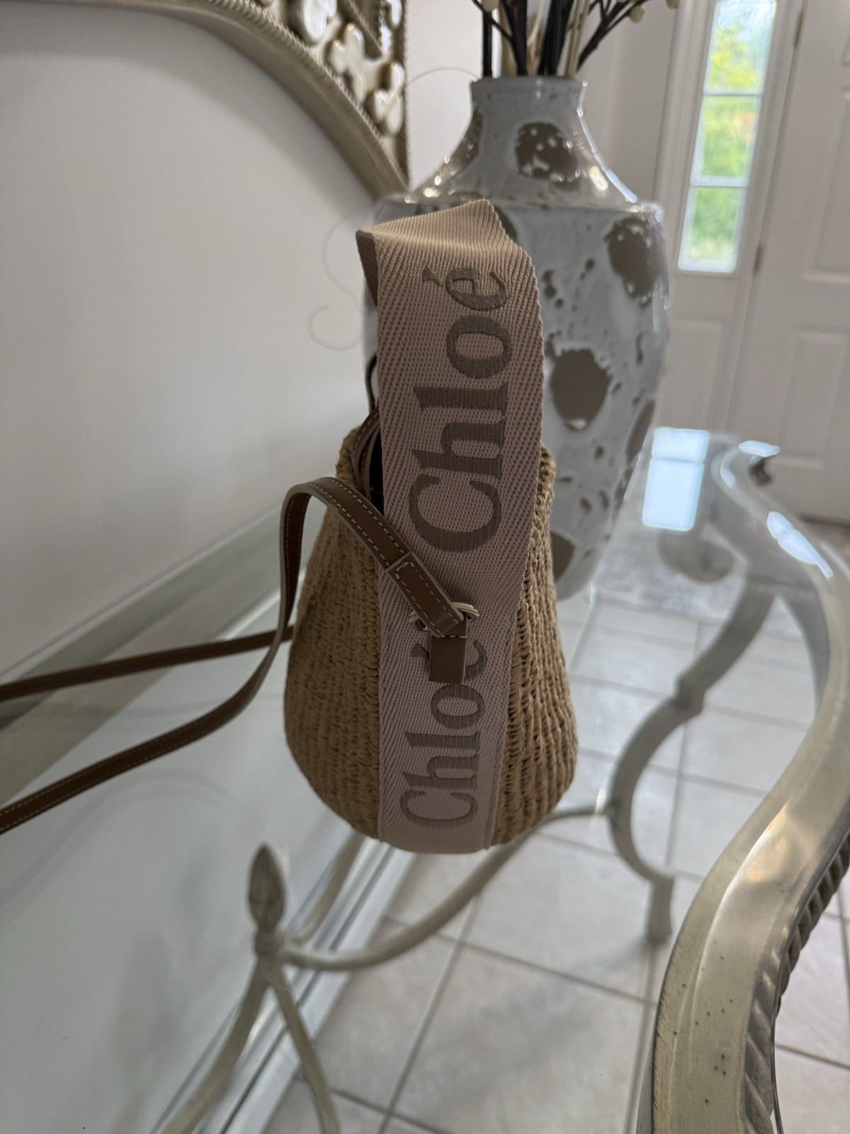 Chloé Woven Straw Small Bucket Drawstring Bag w/ Logo Strap & Pouch