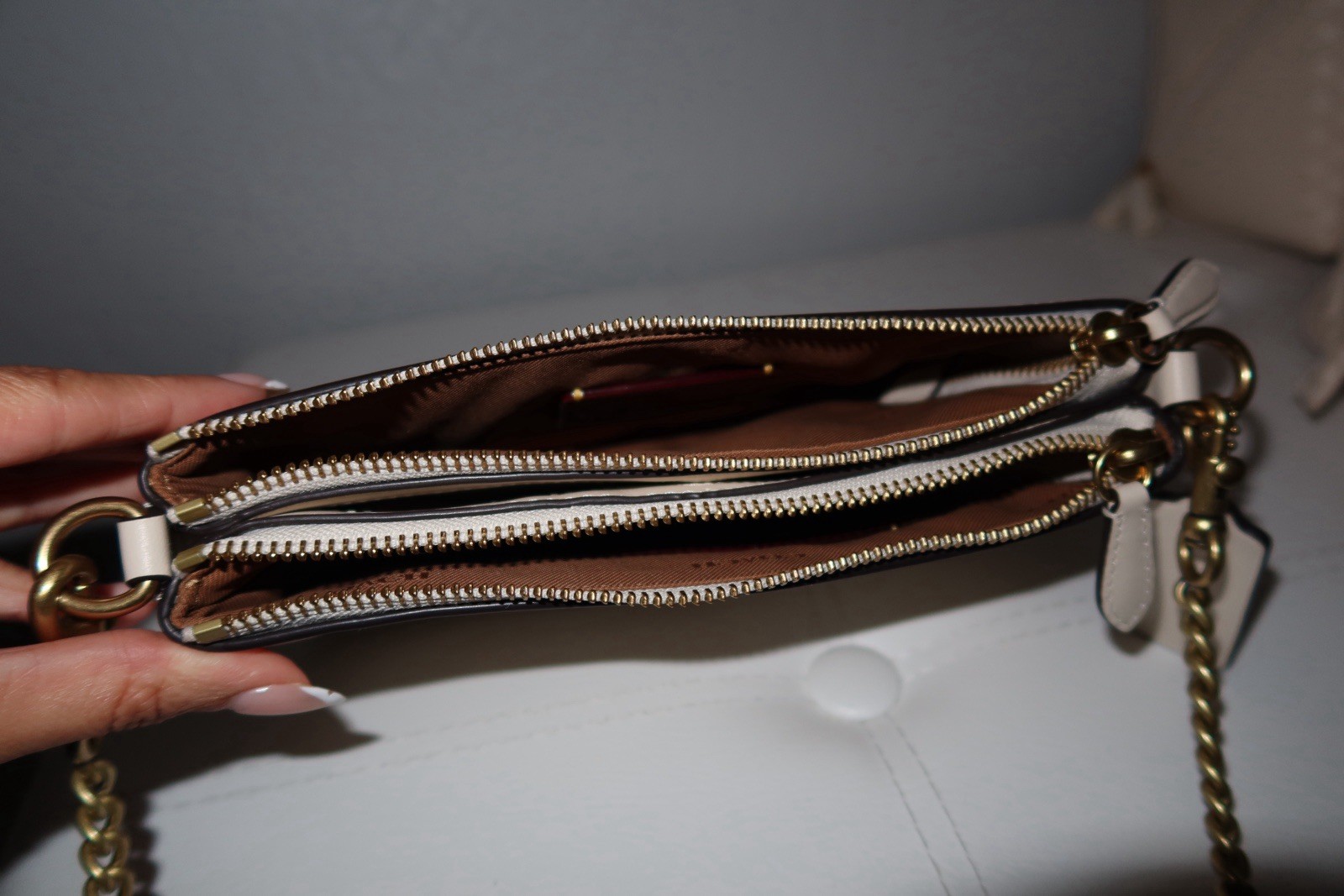 Coach Beige Small Shoulder Bag Double Zip with Gold Chain Strap & Dust Bag