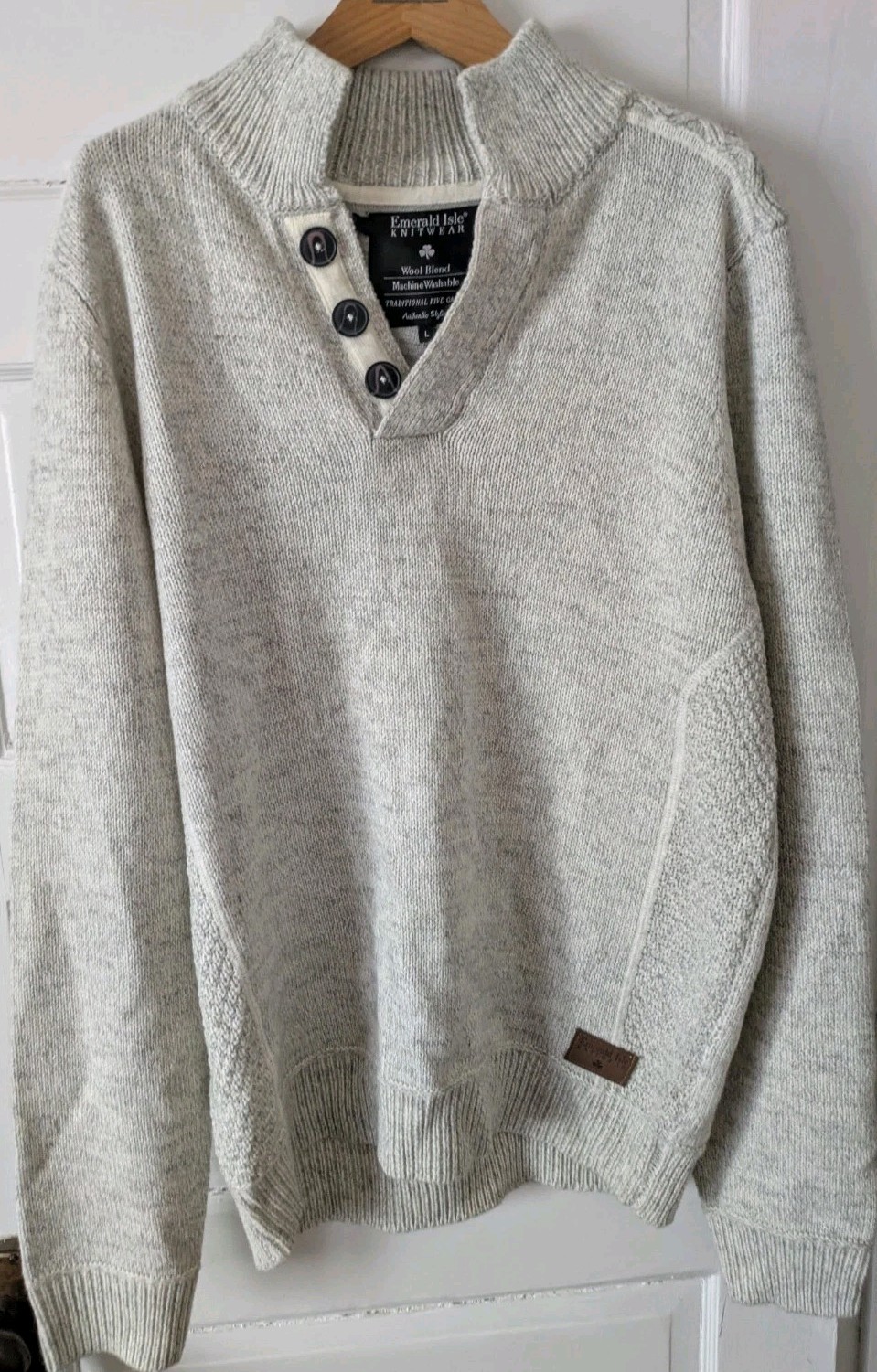 Emerald Isle Knitwear Mens Galway Jumper Heathered Light Gray Sz L Elbow Patches