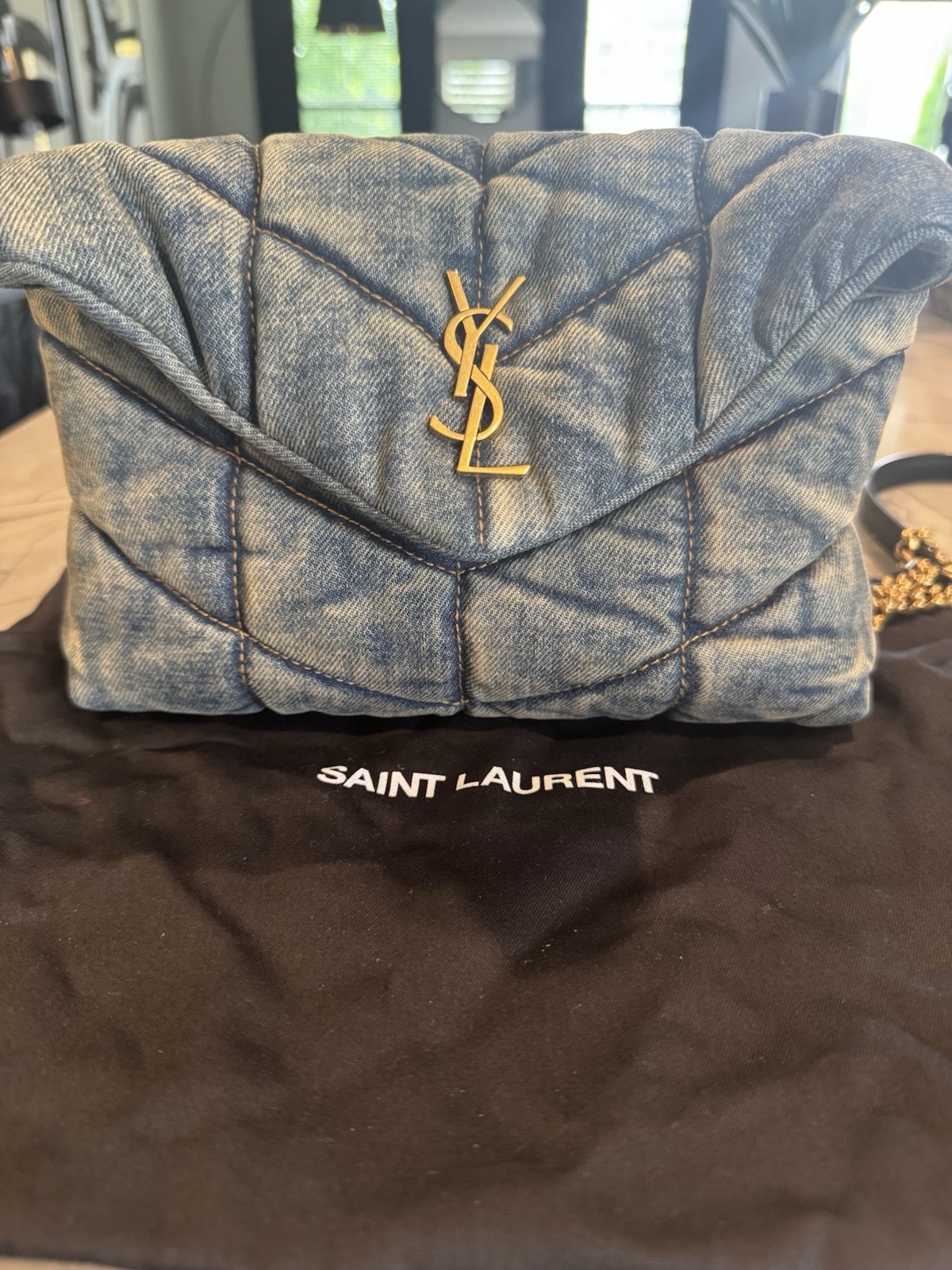 Saint Laurent Denim Quilted Toy Loulou Puffer Monogram Chain Satchel Blue Black