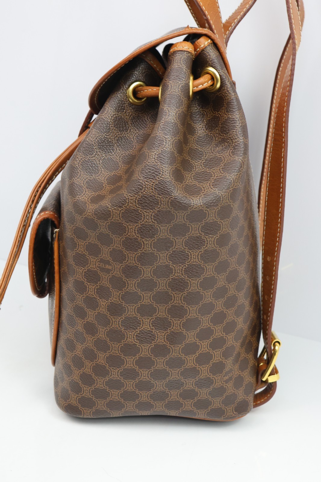 Authentic CELINE Macadam Canvas Backpack Brown PVC Leather Vintage Bag France