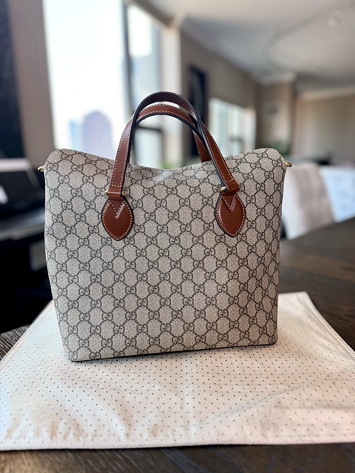 Authentic Gucci GG Supreme Monogram Canvas Tote Bag Brown Leather Trim Handbag