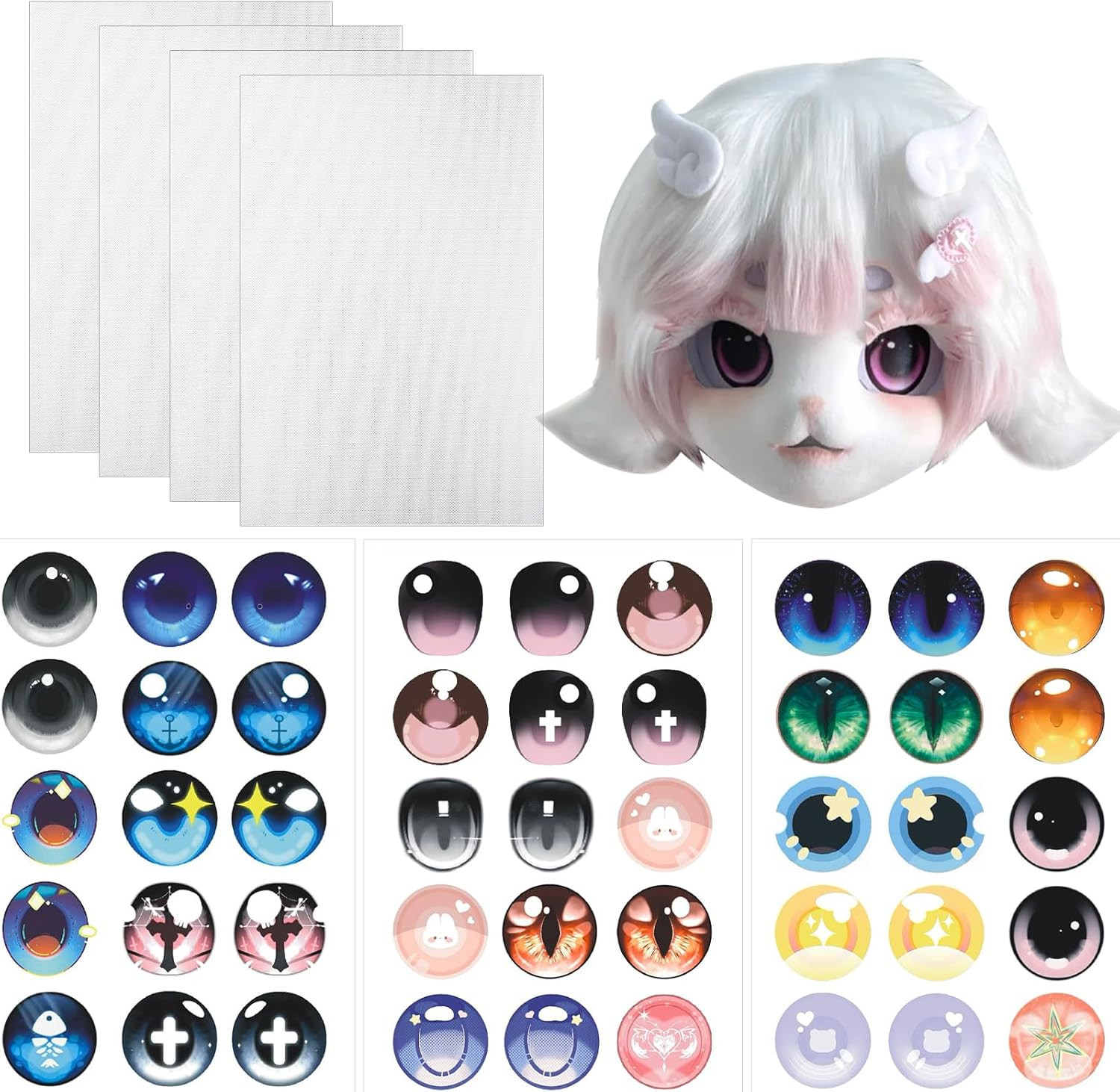 Fursuit Eye Mesh Set: 4 Pcs Mesh & 3 Pcs Stickers for Cosplay and Crafting