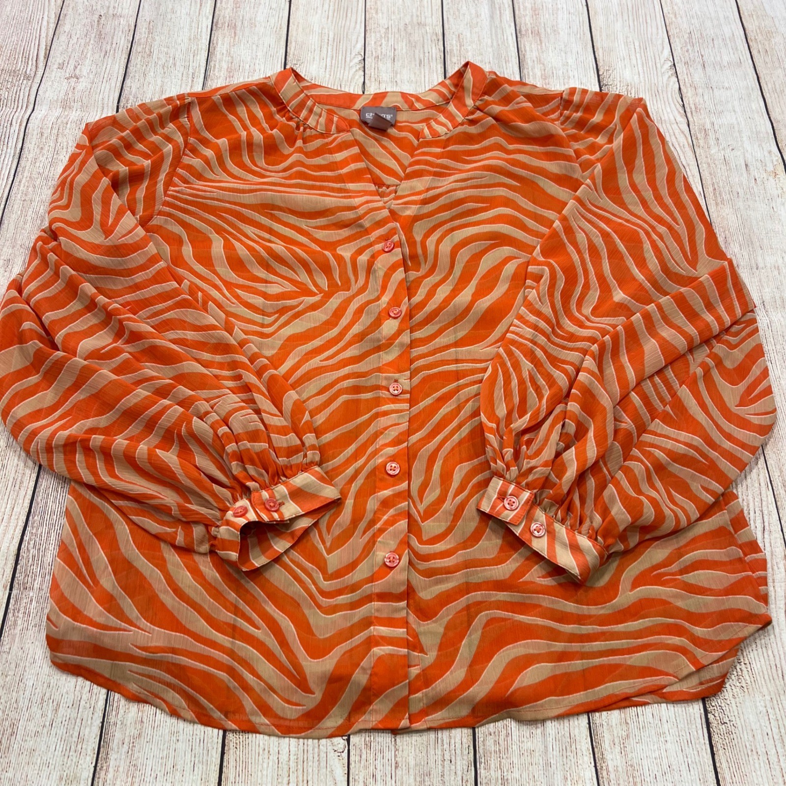 Chicos Orange Zebra Print Balloon Sleeve Button Down Blouse Top Size 2 Large