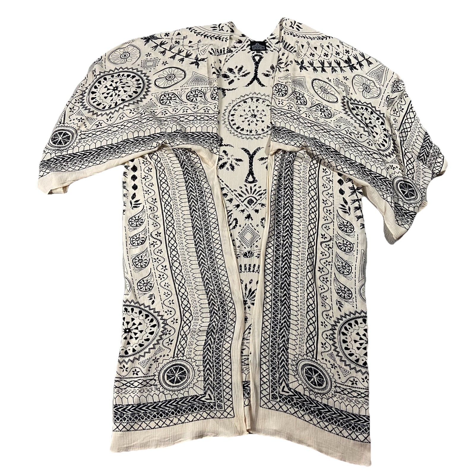 Angie Long Kimono Duster Ivory Black Print Women OS Boho Chic Beachcore Festival