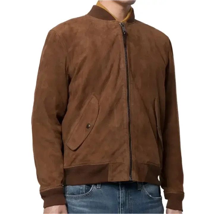 Men’s Brown Suede Leather Bomber Jacket – Premium Genuine Leather Classic Casual