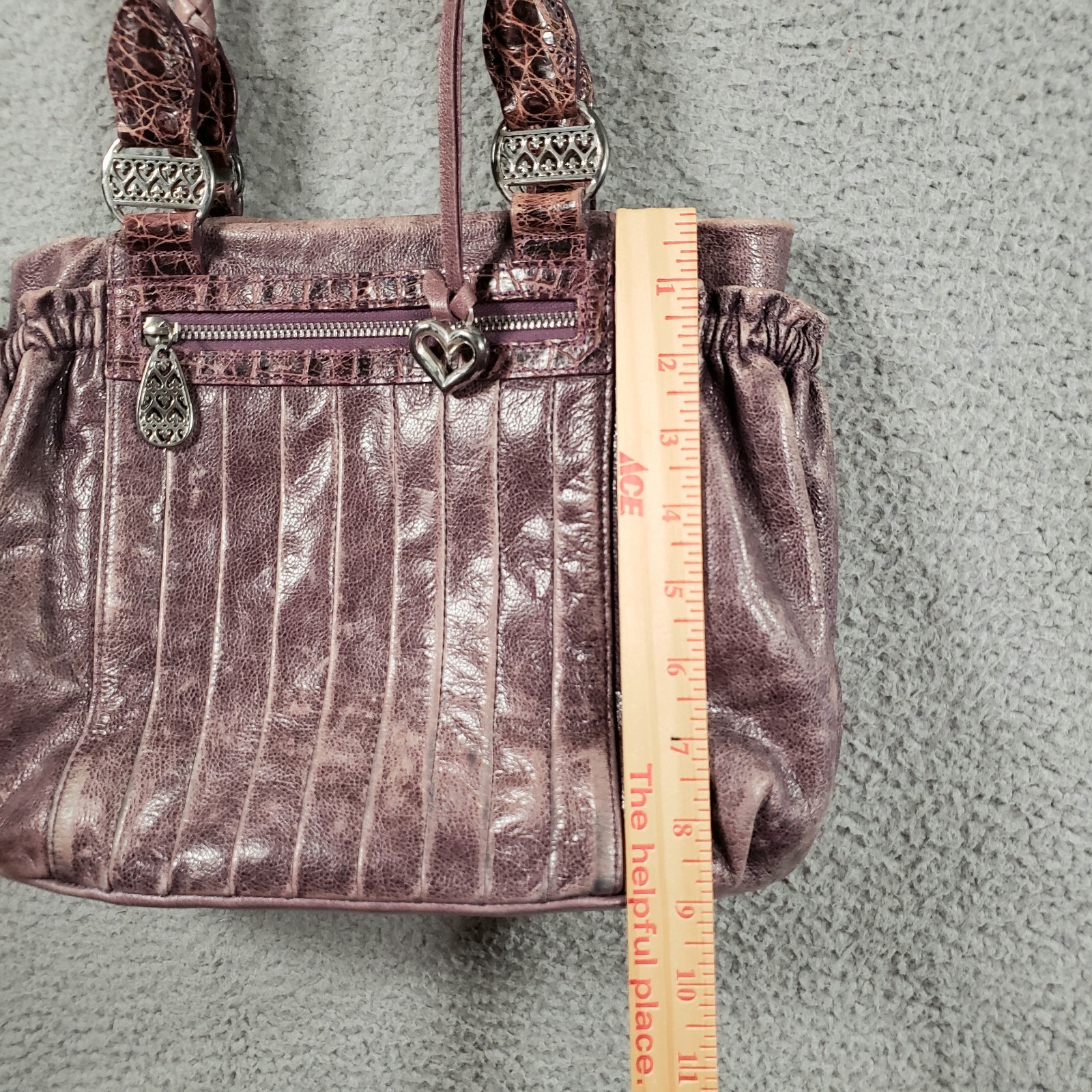 Brighton Purple Distressed Leather Shoulder Bag Pleat Elastic Pockets Heart Rare