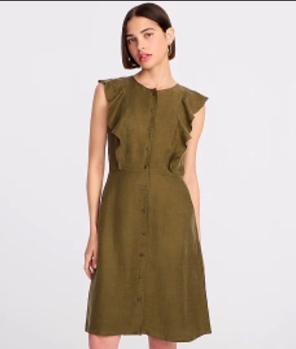 J. Crew Ruffle Sleeve Linen Cupro Blend Dress Olive Button Front Dress Size 6