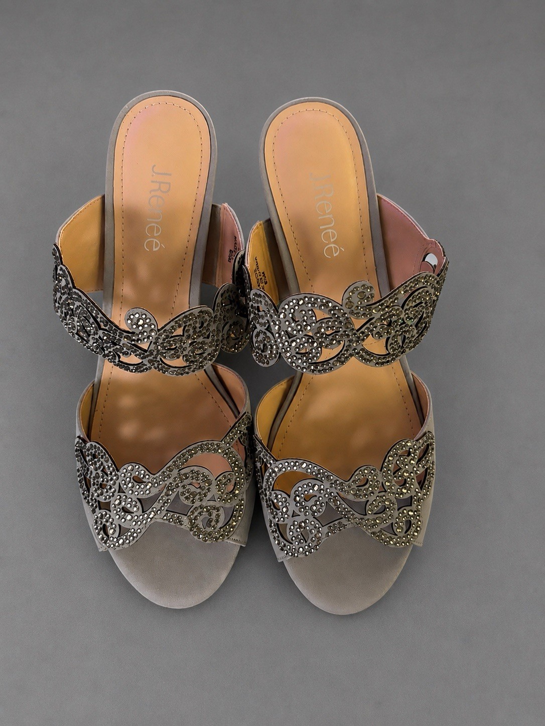 J.Renne slip one. Light gray with silver studded rhinestones. Kitty heels