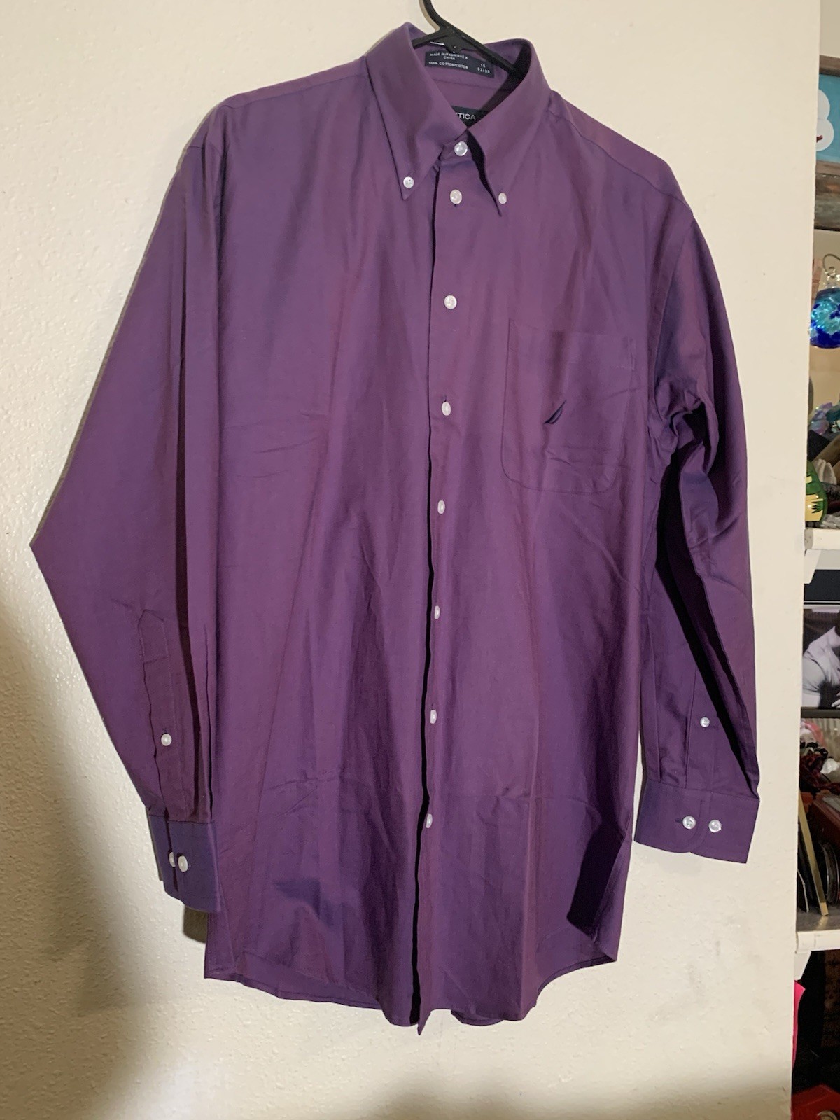 Men Nautica Vintage Oxford Dress Shirt Size 16 1/2 34/35 Purple Button Up Cotton