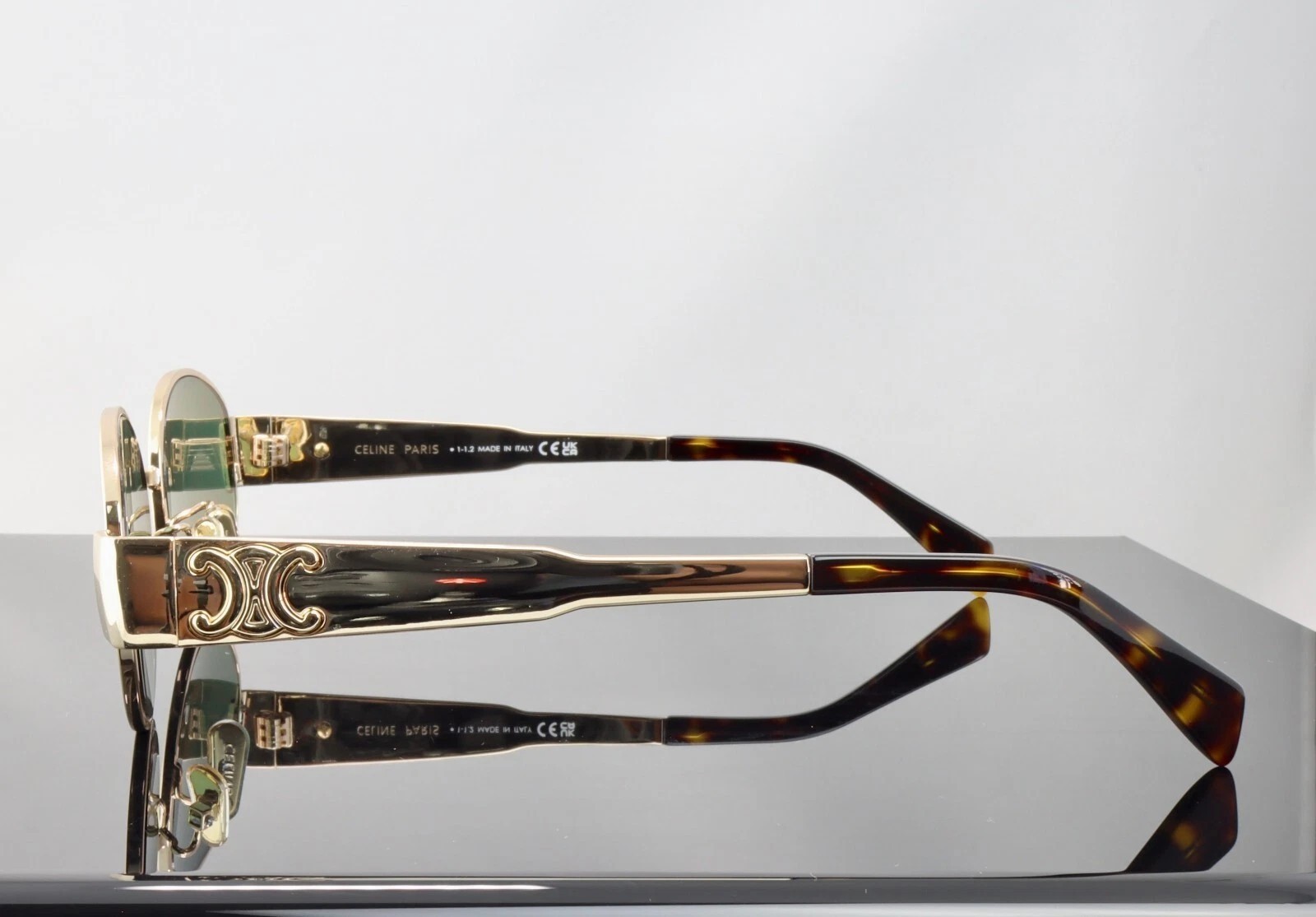 Celine Triomphe Metal CL40235U 30N Gold / Green Lenses Oval Sunglasses 100% UV