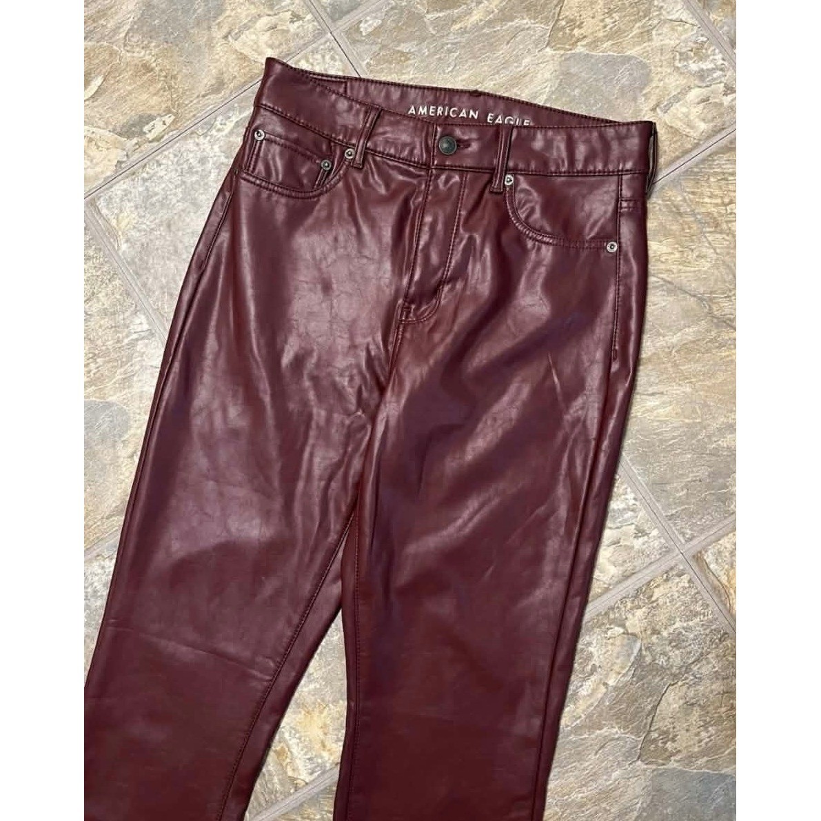 American Eagle Super High Rise Kick Boot Pants Women 10 Burgundy Faux Leather