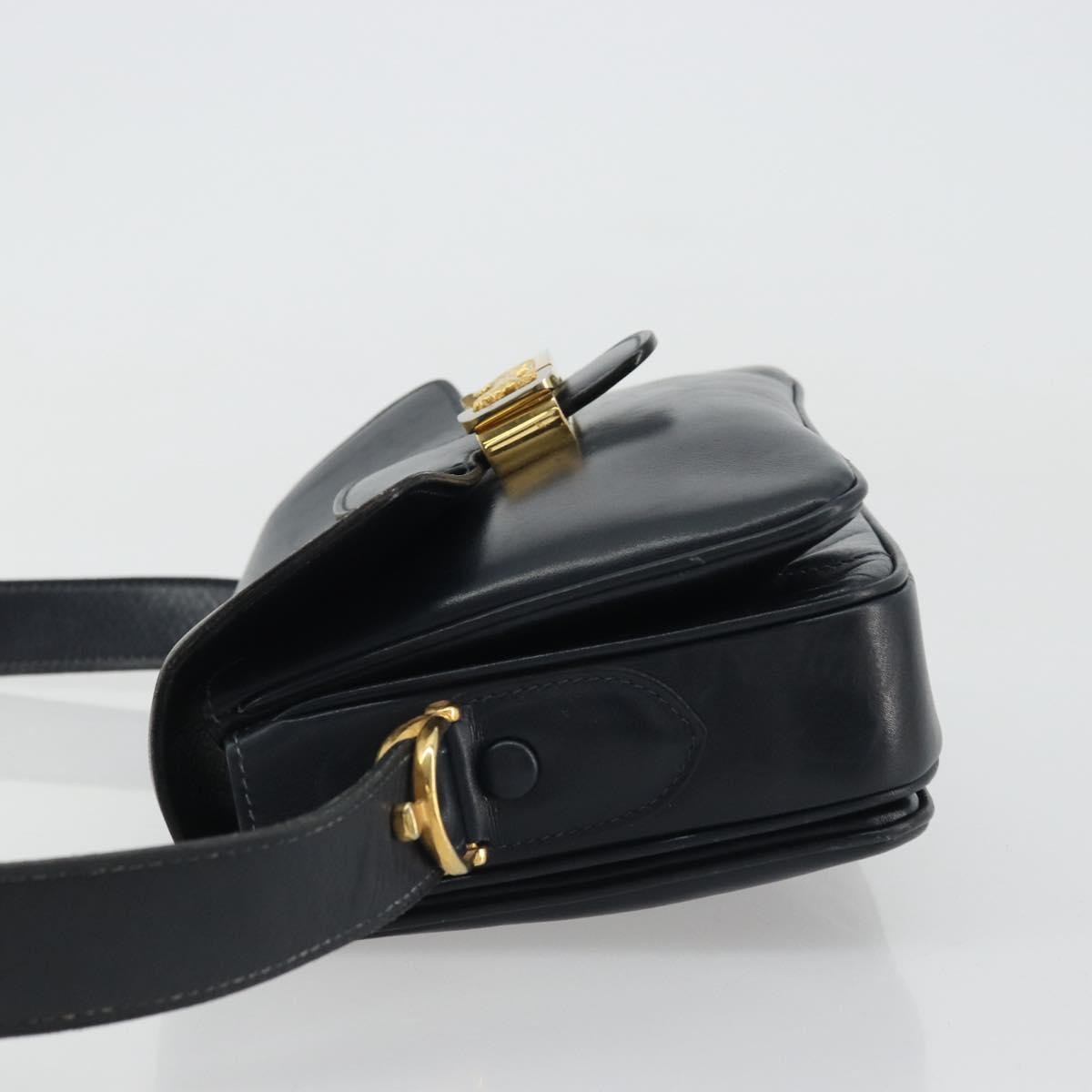 CELINE Horse Carriage Shoulder Bag Leather Navy Gold Auth YKZ1109