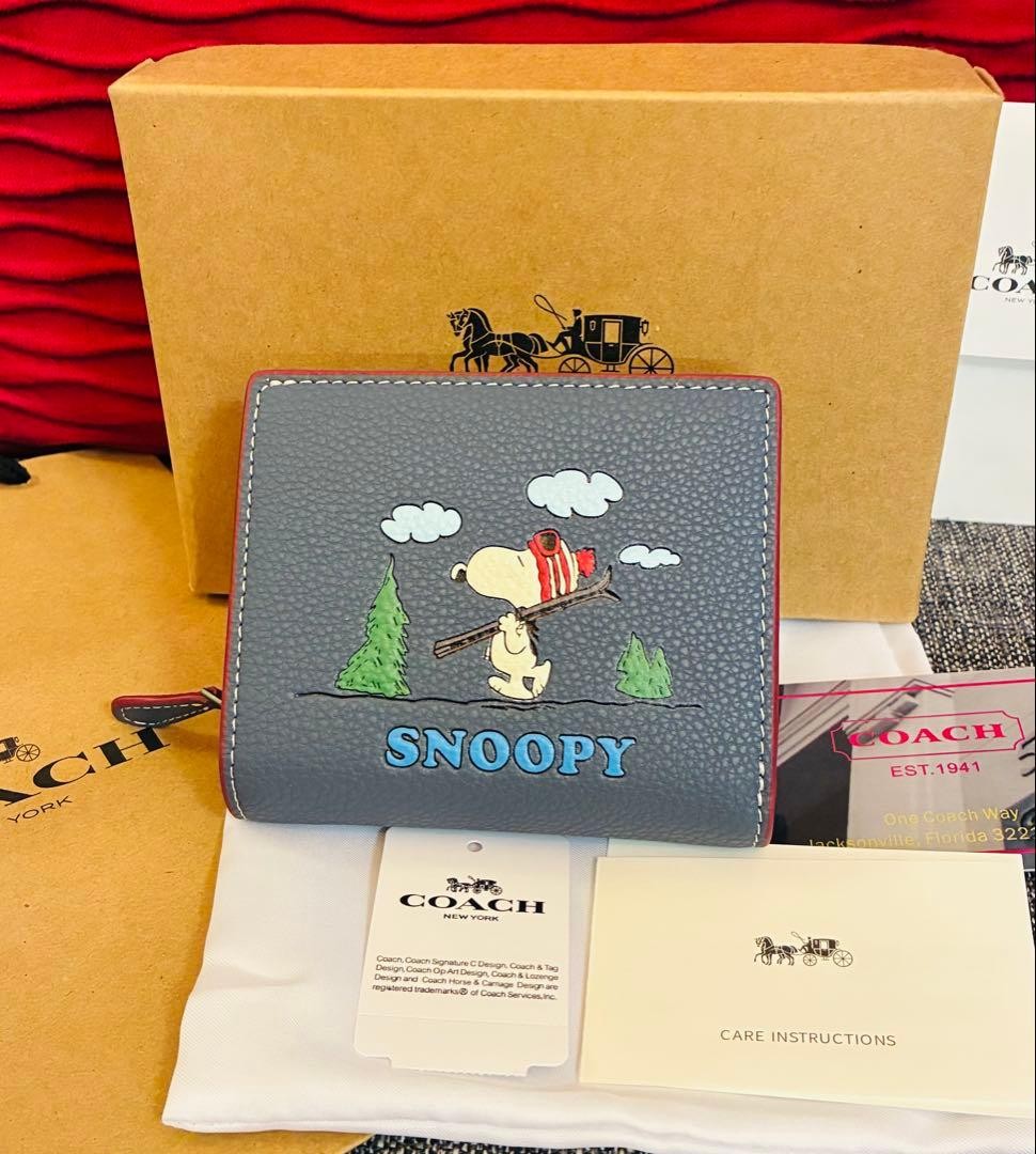 COACH x Peanuts Snoopy Snap Wallet Leather Bifold Wallet Blue Red New
