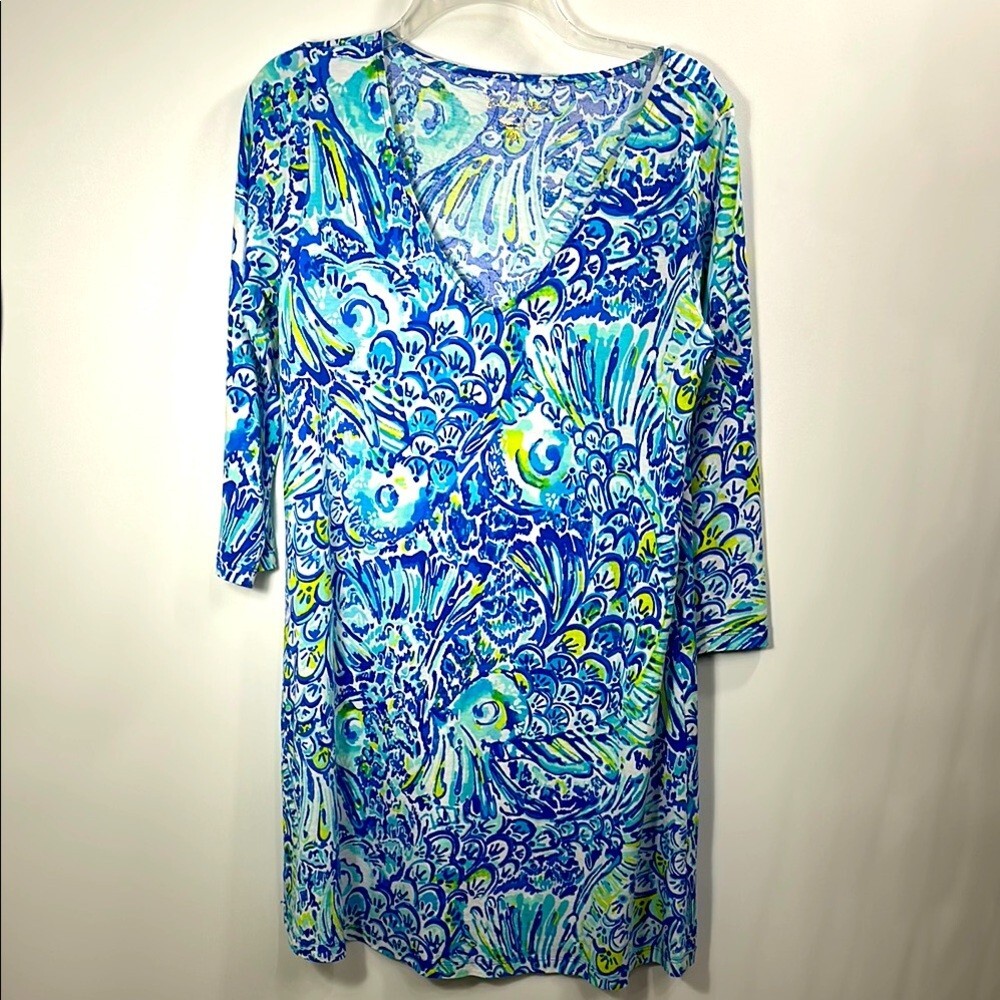 Lilly Pulitzer Erin Dress Pima cotton V Neck Blue pattern size medium.