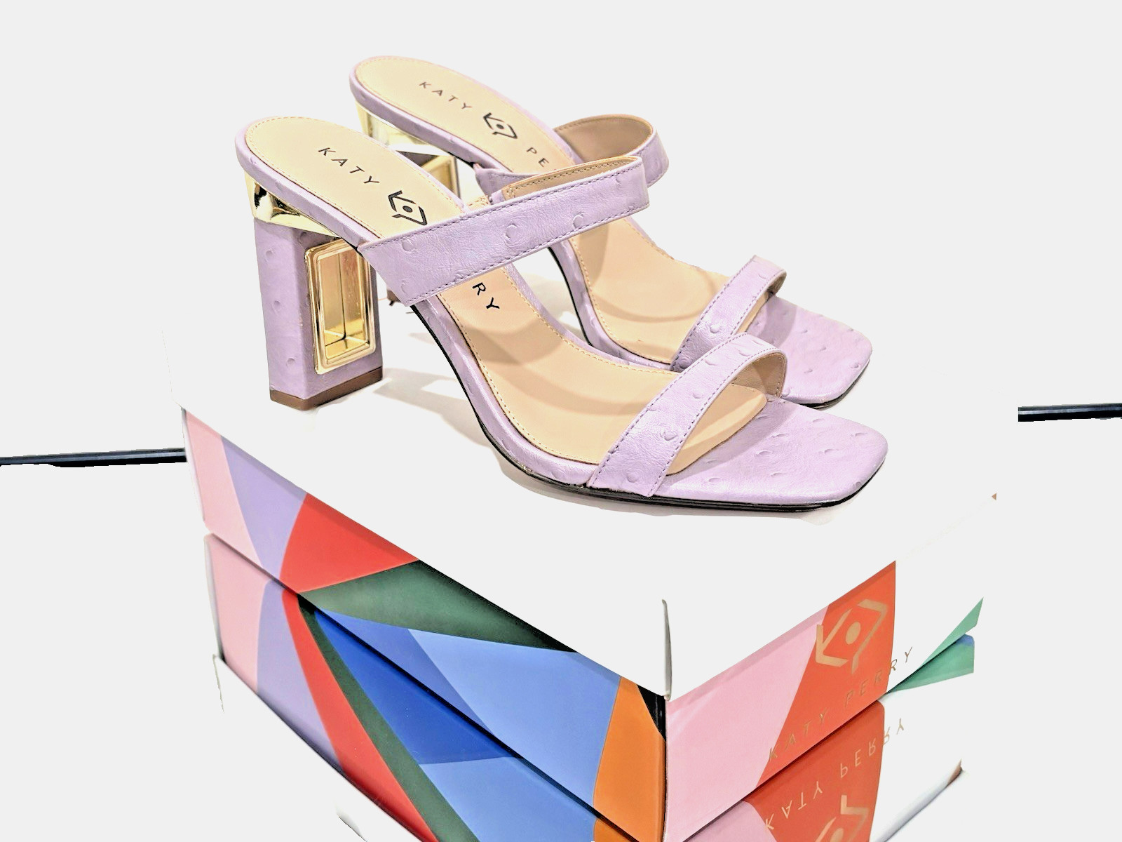 Katy Perry Lavender/Gold Metallic Slip-On Open Toe Block Heel Sandal 8.5M