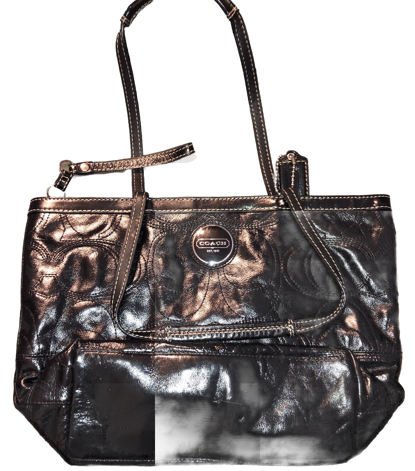 Coach Signature Stripe Stitch, Black, Patent Leather F15142￼￼ Clean Great Cond