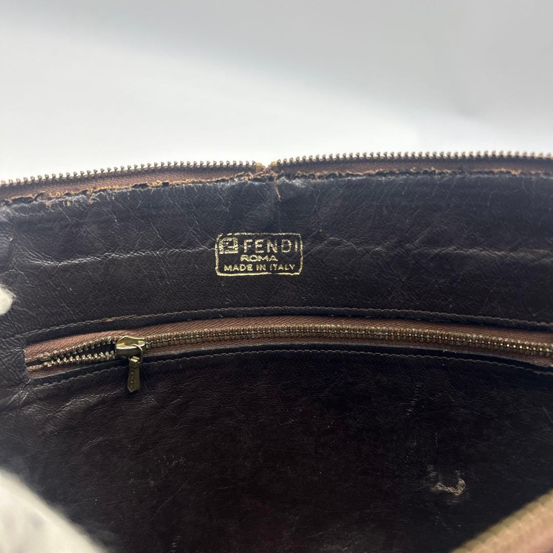 FENDI Zucca FF Shoulder Bag Ziplock Leather Canvas Brown Beige Gold #2702