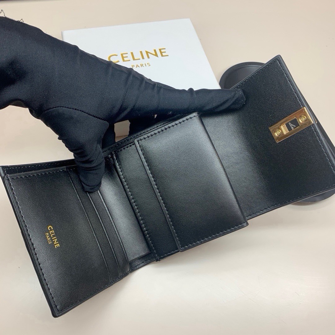 CELINE Black Wallet Gold Logo Hardware Zip Coin Pocket Credit Card Solid Women’s